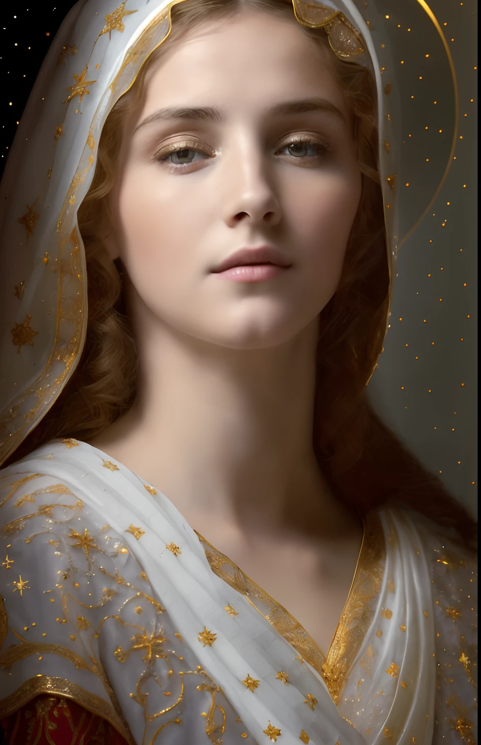(((Blessed Virgin Mary. 19 years old))) (((IMAGEN VINTAGE RETRO))) ((( Con una cara seria y piadosa. Con una mirada dulce y tierna))) (obra maestra, calidad superior, mejor calidad, arte oficial, beautiful and aesthetic: 1.2), (1girl), extremadamente detallado, (Arte fractal: 1.3), colorido, highest detailed, Cara perfecta, parte superior del cuerpo, HDR, (orando: 1.3), (golden lines of white coat: 1.2), galaxia, (rayas de luz), eye-catching visuals, (dynamic stripes, senderos luminosos: 1.2), colores vibrantes,