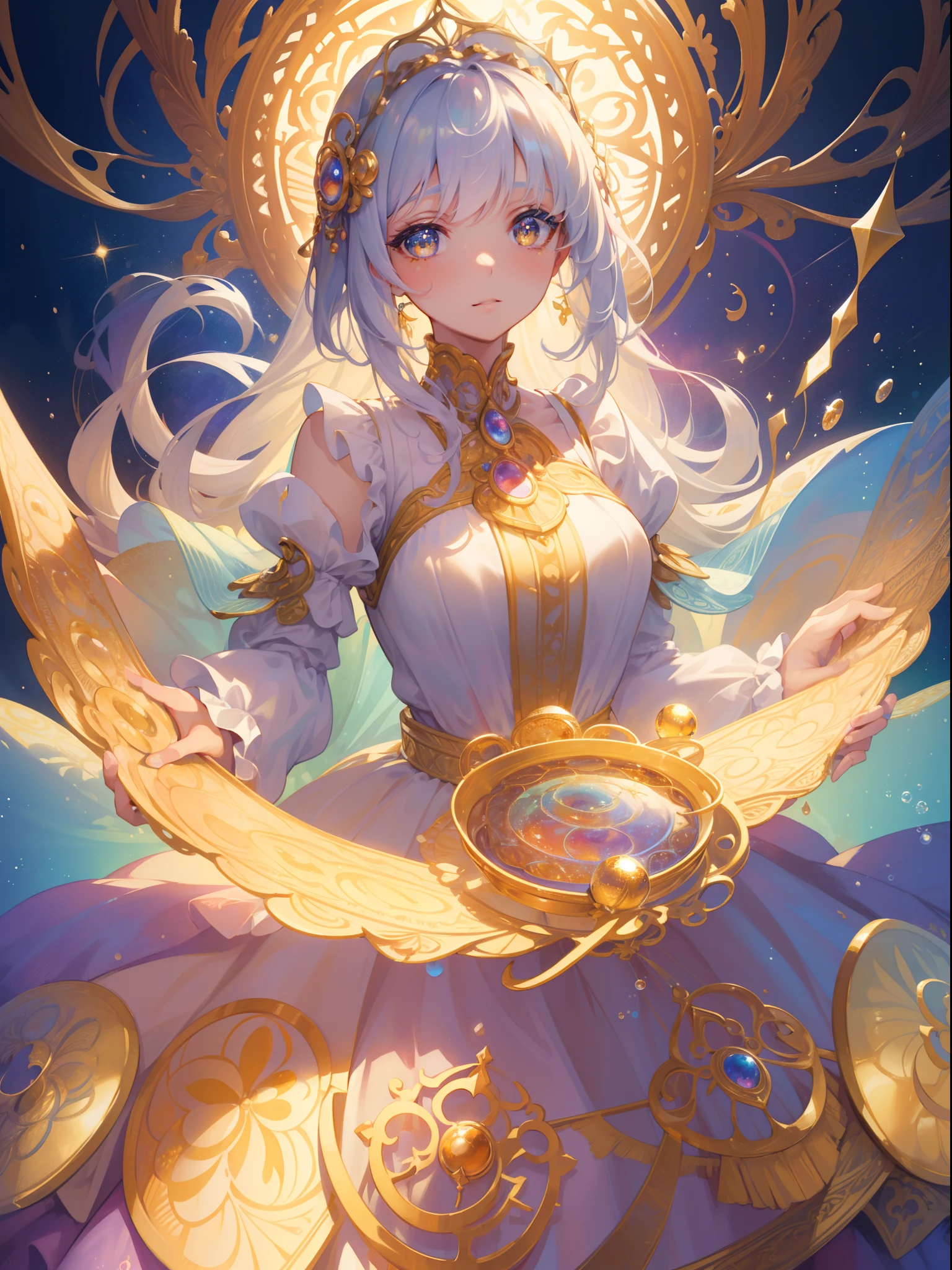 masterpiece, best quality, 8k resolution, sharp focus, intricate detail, beautiful girl, sparkling eyes, golden ratio face, otherworldly liquid, watercolor, warm colors, bright colors, whimsical, colorful, sharp focus, high resolution, fine detail, ((layered tiered puffy long sleeves ballgown)), ((round eyes)), iridescent bubbles, fantasia background