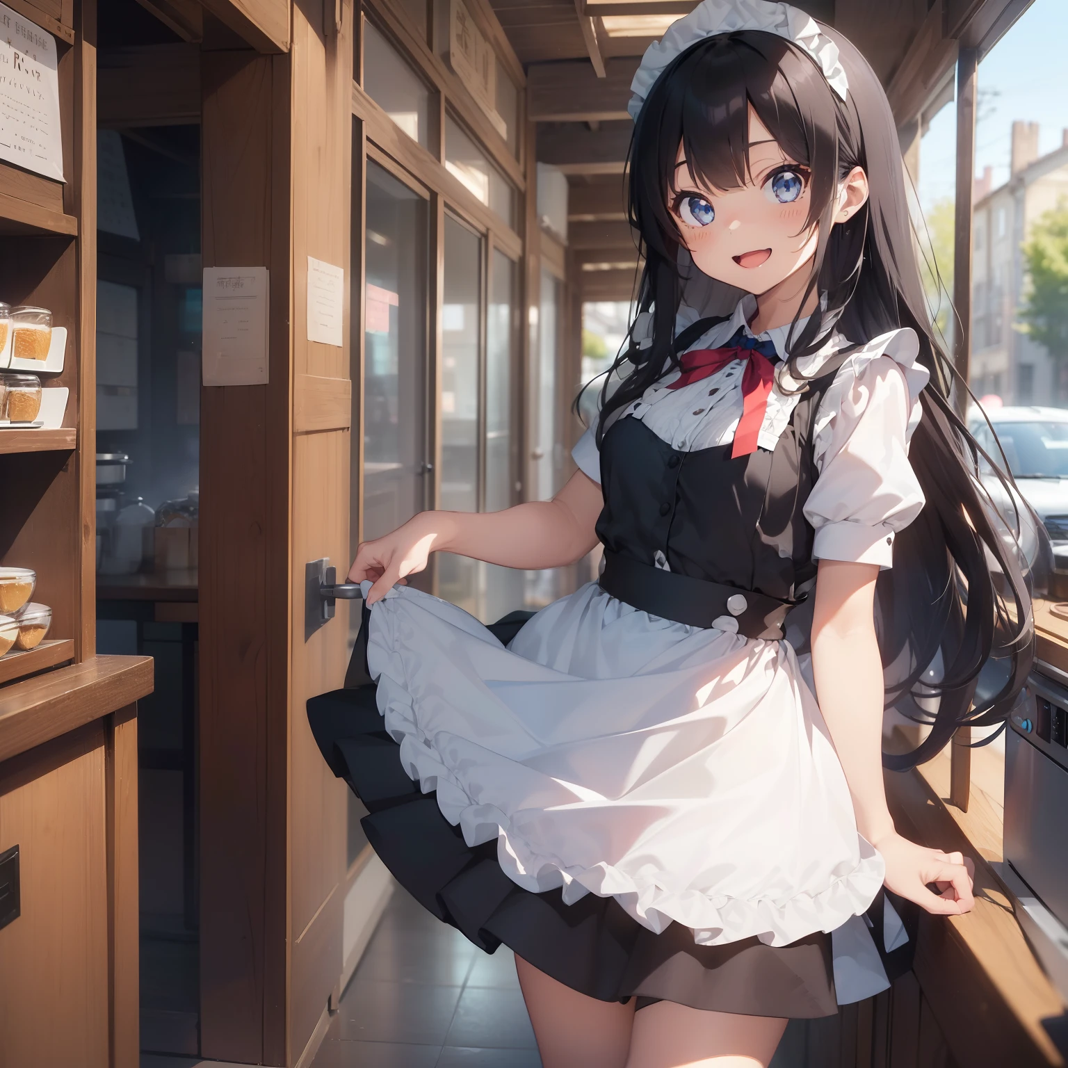 (superfine illustration:1.2),(masutepiece, 8K), (Best Quality, High quality:1.4), portlate、((Super Pastel)),Perfect Anatomy, Hyper Detailed, ultra-detailliert,masterpiece background,beautiful detailed background, V8K Wallpapers,perfect design, 1girl in, Solo, (Very short sleeves,Black hair,maid, Outstanding smile、frombelow,),(Twin-tailed:1.3), (lightsmile, Open mouth, , A dark-haired, (Super long hair,Twin-tailed:1.3), Blue eyes, Blue eyes, Black blouse, Short sleeves, maid apronl, white maid apron, Maid Mini Skirt、 long boots, Slender girl), (Inside a coffee shop in a fantasy world of medieval Europe)、(dynamic motion)、