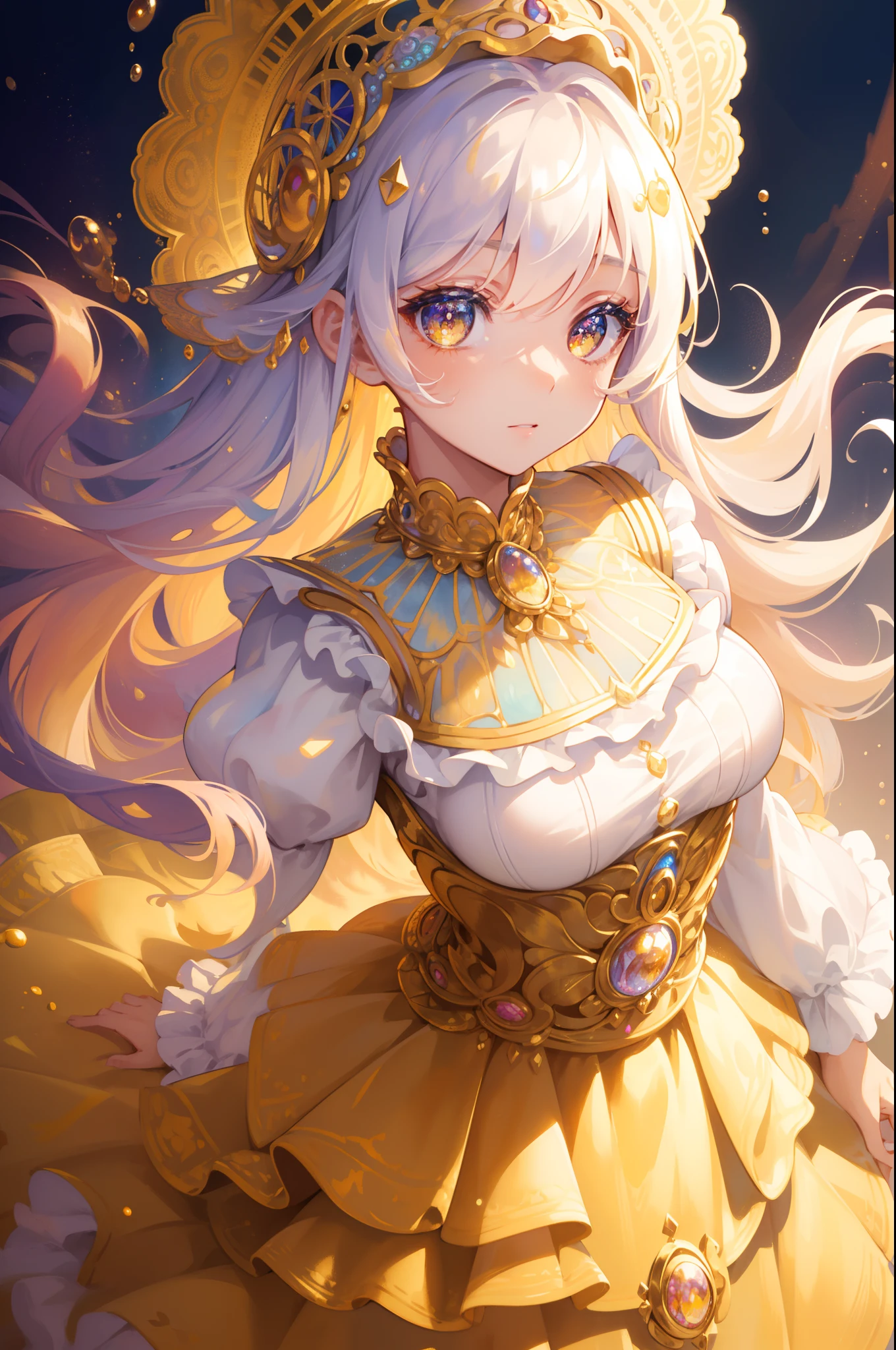 masterpiece, best quality, 8k resolution, sharp focus, intricate detail, beautiful girl, sparkling eyes, golden ratio face, otherworldly liquid, watercolor, warm colors, bright colors, whimsical, colorful, sharp focus, high resolution, fine detail, ((layered tiered puffy long sleeves ballgown)), ((round eyes)), iridescent bubbles, fantasia background