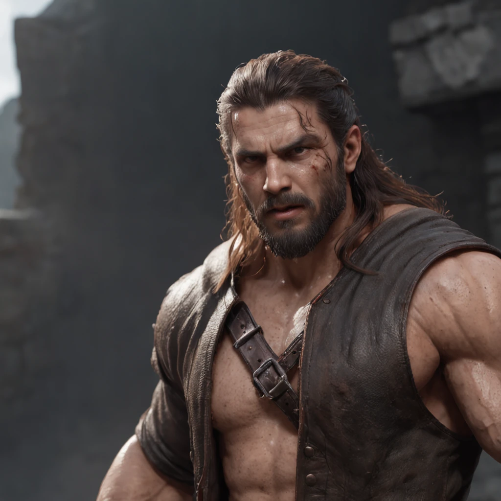 (professional 3d render:1.3) af (Realistic:1.3) most beautiful artwork photo in the world,Features soft and shiny male heroes, ((Epic hero fantasy muscle man rough wet hero angry look long hair short beard and ferocious expression in dynamic pose, Fantastic location, Majestic cluttered environment)), full body 8k unity render, action shot, skin pore, very dark lighting, heavyshading, Detailed, Detailed face, (vibrant, photograph realistic, Realistic, Dramatic, Dark, Sharp focus, 8K), (Old leather garments damaged by weathering:1.4), ((((Wear fur)))), (Intricate:1.4), decadent, (Highly detailed:1.4), Digital painting, rendering by octane, art stations, concept-art, smooth, Sharp focus, illustration, Art germ, (loish:0.23), wlop ilya kuvshinov, and greg rutkowski and alphonse mucha gracias, (Global illumination, Studio light, volumettic light), heavy rain, particles floating, lotr, fantasy, elf, full bodyesbian, ((Dark and ancient city background:1.3)),CGSesociety,art stations
