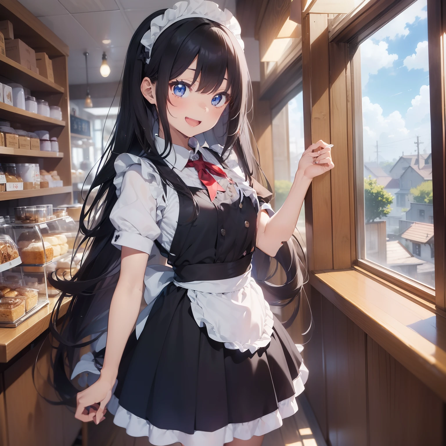 (superfine illustration:1.2),(masutepiece, 8K), (Best Quality, High quality:1.4), portlate、((Super Pastel)),Perfect Anatomy, Hyper Detailed, ultra-detailliert,masterpiece background,beautiful detailed background, V8K Wallpapers,perfect design, 1girl in, Solo, (Very short sleeves,Black hair,maid, Outstanding smile、frombelow,),(Twin-tailed:1.3), (lightsmile, Open mouth, 17 years old, A dark-haired, (Super long hair,Twin-tailed:1.3), Blue eyes, Blue eyes, Black blouse, Short sleeves, maid apronl, white maid apron, Maid Mini Skirt、 long boots, Slender girl), (Inside a coffee shop in a fantasy world of medieval Europe)、(dynamic motion)、