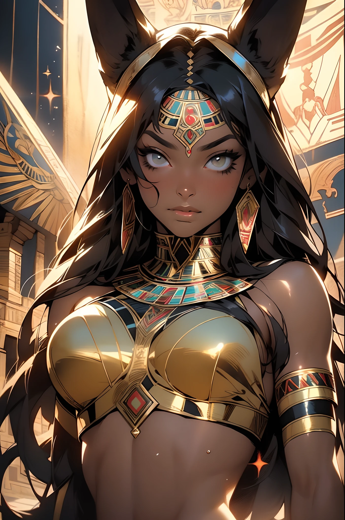 ((Frank Frazetta)), Beautiful full-bodied black woman, Beautiful eyes、 Egyptian woman, Egyptian adornments, muscular and perfect body,(top-quality、8K、32K、masterpiece、nffsw:1.3)、超A high resolution,(Photorealsitic:1.4),, long black hair with heavy bangs on the forehead,,,Sun glare,depth of fields,Backlight effects add depth to the screen、muscular body, Red veil, dark skin shiny with oil and sweat, Anubis warrior in small clothes, Golden bra, Egyptian tattoo,, Large breasts, Generous cleavage, , A desert, pyramids in the background