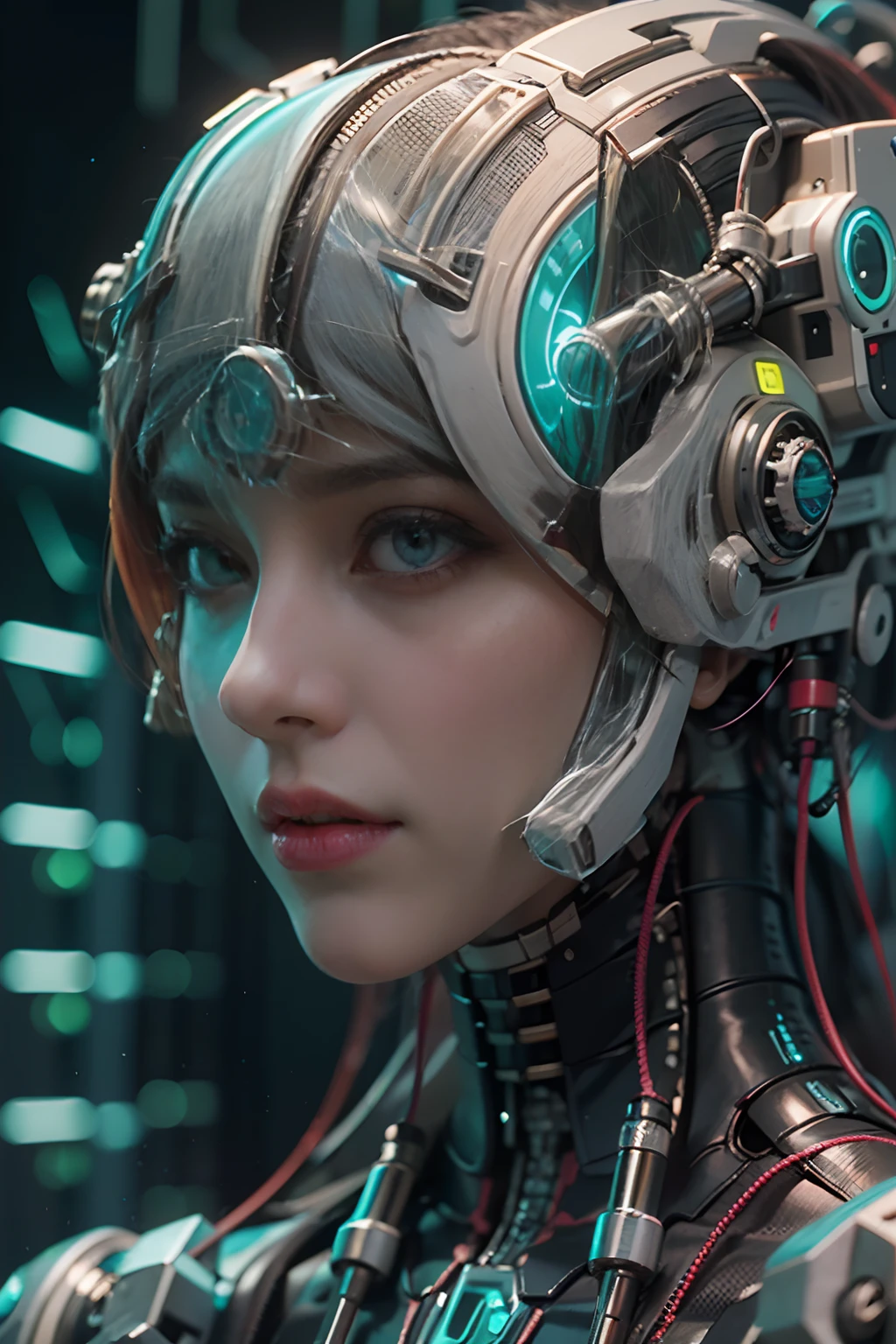 Qualidade Superior, master part, Ultra high resolution, ((fotorrealista: 1.4), Foto rAW, 1 cyberpunk android menina, pele brilhante, (Detalhes ultra realistas)), mechanical limbs, tubes connected to mechanical parts, mechanical vertebrae adhered to the spine, mechanical cervical attachment to the neck, wires and cables connecting to the head, Evangelion, ((Fantasma na Concha)), small bright LED bulbs, Global lighting, Sombras profundas, octane rendering, 8k, Ultra sharp, metal, detalhes intrincados do ornamento, Detalhes barrocos, detalhes muito intrincados, luz realista, CGSoation trend, Facing the camera, Neon details, (Android Manufactory em segundo plano), arte por H.r. Giger e Alphonse Mucha.