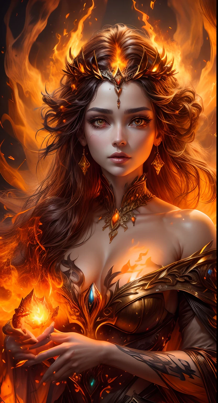 This is a realistic fantasy artwork prominently featuring realistic fire, including wisps of flames, glowing hot embers, subtle curls of smoke, and a beautiful fire druid. The druid stands in the midst of a raging inferno with an interesting composition. Her face is expertly sculpted, with elegant and refined features and perfect shading and realistic skin texture. Her (orange and gold eyes) are stunning and are the focal point of this image. (Her (((eyes extremely detailed))), beautiful detailed eyes, and macro). Her eyes feature intricate detailing with clearly defined irises and bright sclera. Her soft lips are smooth and very puffy, and her skin is adorned with a light flush and ornate fire detailing. Her long gown is stunning and expensive, and is made of pure flames and glittering, ornate jewels that glimmer in the fire light. Her billowing gown glitters from the flames and features a delicately and intricately embroidered bodice with wisps of flames running across it. Include fantasy elements like bumps, stones, fiery iridescence, glowing embers, silk, and an interesting background. Include fiery magical creatures such as fiery birds and fiery butterflies that give off a magical and mystical aura. Lighting: Utilize the latest trends in lighting to enhance the artwork's beauty. Camera: Utilize dynamic composition to create a sense of urgency and excitement. Take inspiration from the current masters of the fantasy genre, including trending artists on Artstation and Midjourney. ((masterpiece))