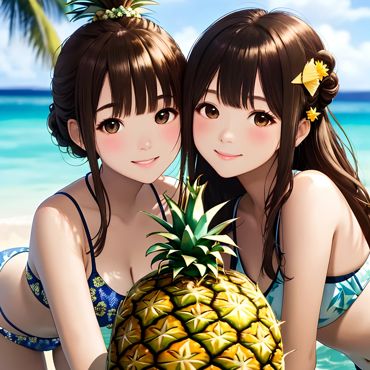 top-quality、8K、HDTV、masterpiece、1 rapariga、(portlate:0.6)、Pineapple print swimwear、brown haired、poneyTail、a smile、Looking at the camera、bokeh dof、22year old、Woman kissing pineapple、