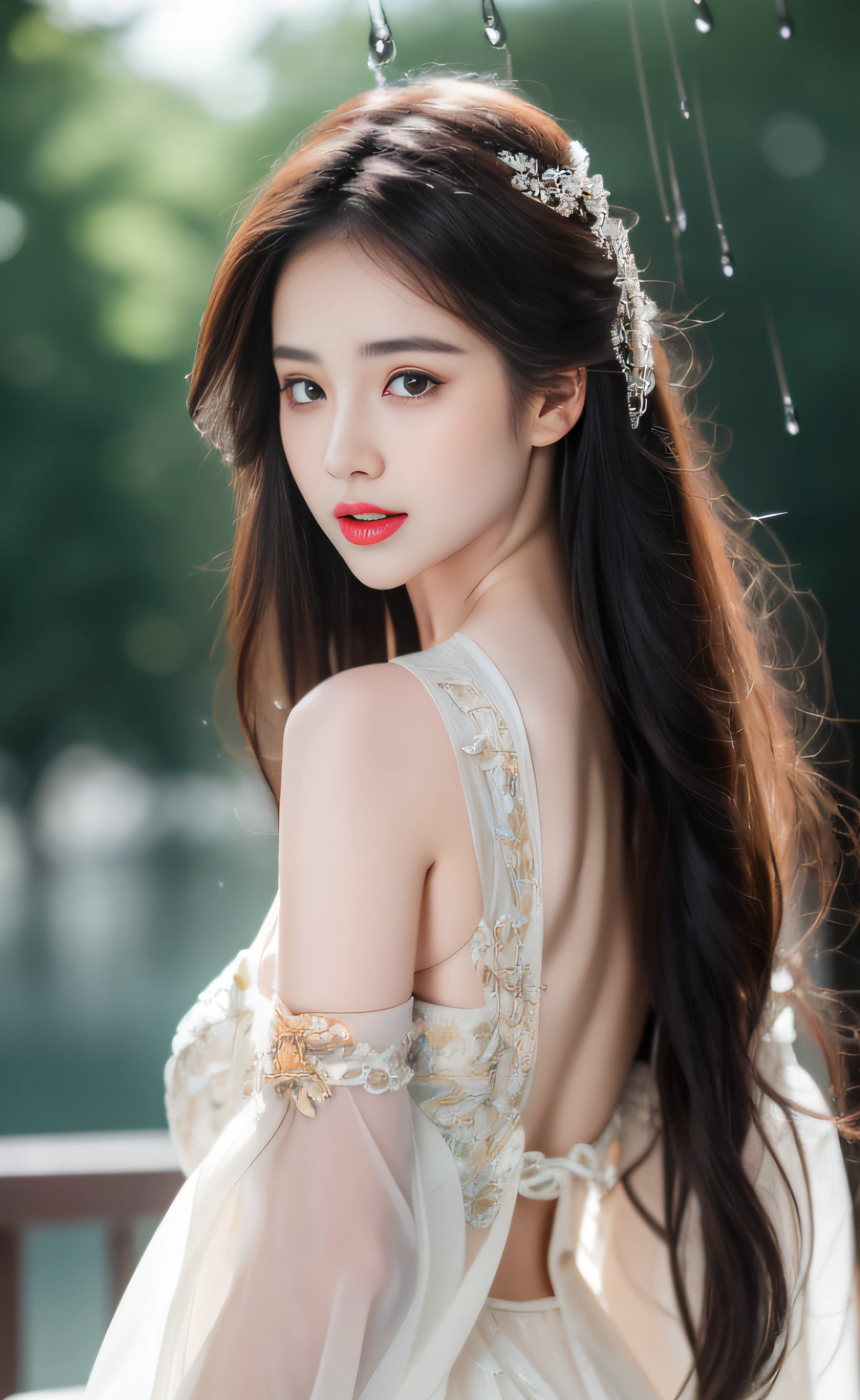 ((Best Quality, 8k, Masterpiece: 1.3)), Focus: 1.2, Perfect Body Beauty: 1.4, Buttocks: 1.2, ((Layered Haircut)), (Wet Clothes: 1.1), (Rain, Street:1.3), (Breasts: 1.2), (Hanfu: 1.2), Bare Shoulders, Bare Legs, Highly Detailed Face and Skin Texture, Fine Eyes, Double Eyelids, Whitened Skin, Long Hair, (Shut Up: 1.5), (Bokeh Background: 1.5), Big Breasts