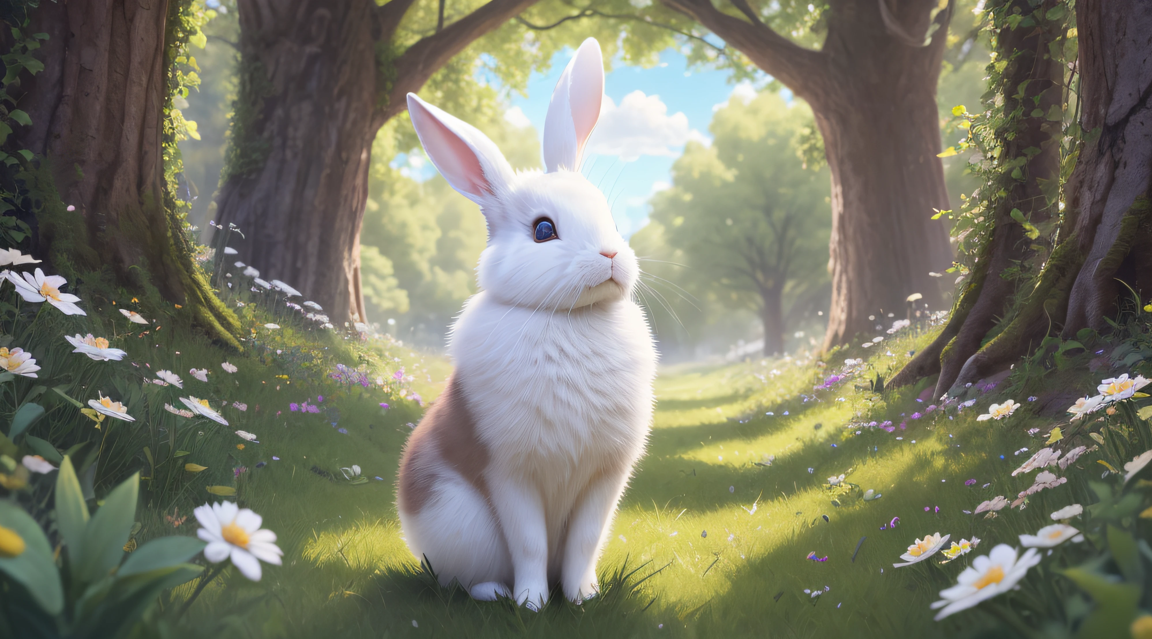 (Ultra-fine CG unity 8k wallpaper,tmasterpiece,best qualtiy,ultra - detailed),(best illuminate,best shadow,Extremely refined and beautiful),(White rabbit),(Beautiful grass),(clouds), (colorful flower)