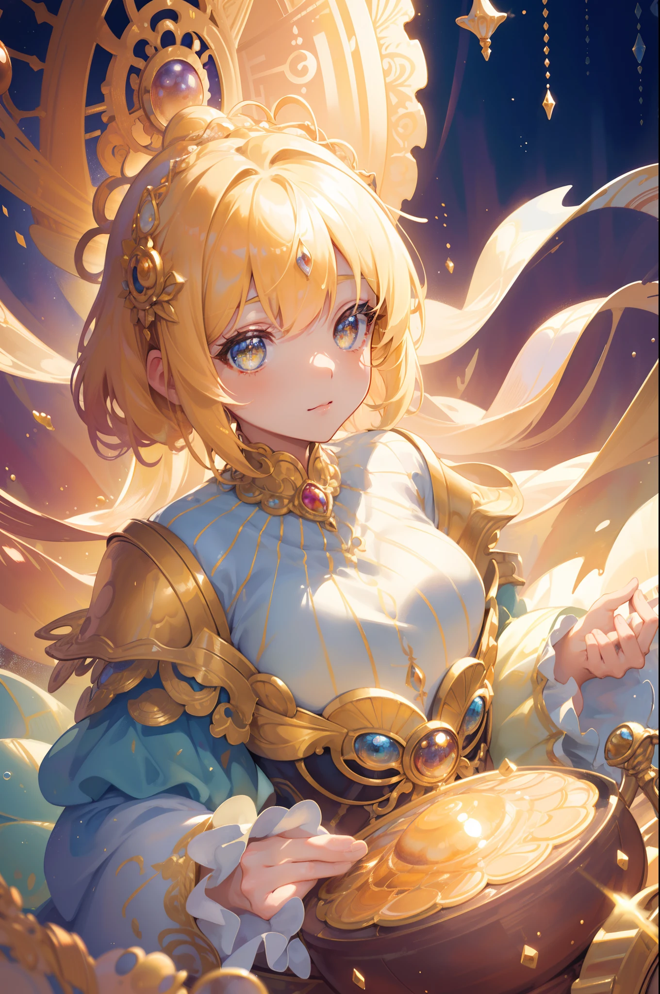 masterpiece, best quality, 8k resolution, sharp focus, intricate detail, beautiful girl, sparkling eyes, golden ratio face, otherworldly liquid, watercolor, warm colors, bright colors, whimsical, colorful, sharp focus, high resolution, fine detail, ((layered tiered puffy long sleeves ballgown)), ((round eyes)), iridescent bubbles, fantasia background
