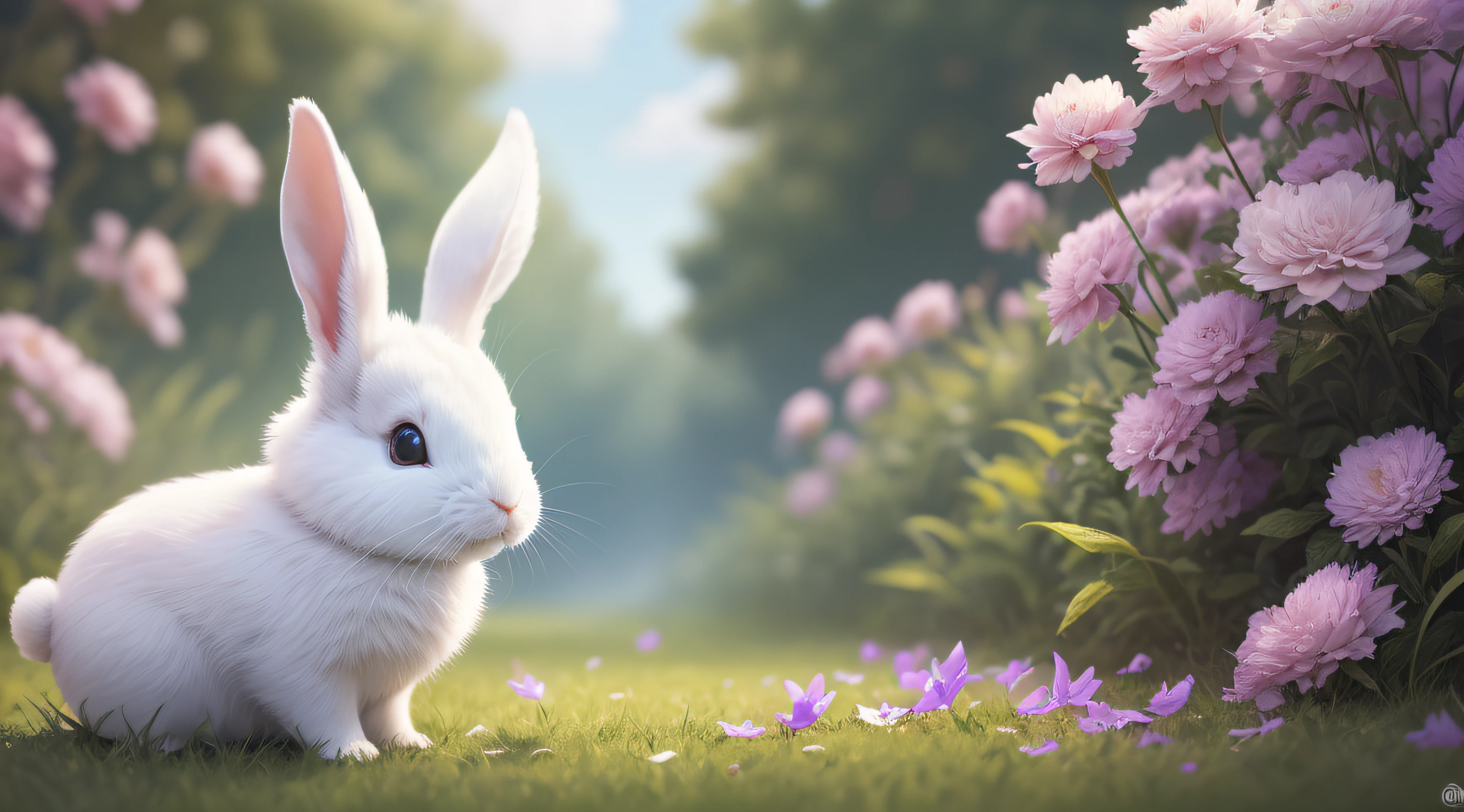 (Ultra-fine CG unity 8k wallpaper,tmasterpiece,best qualtiy,ultra - detailed),(best illuminate,best shadow,Extremely refined and beautiful),(White rabbit),(Beautiful grass),(clouds), (colorful flower)