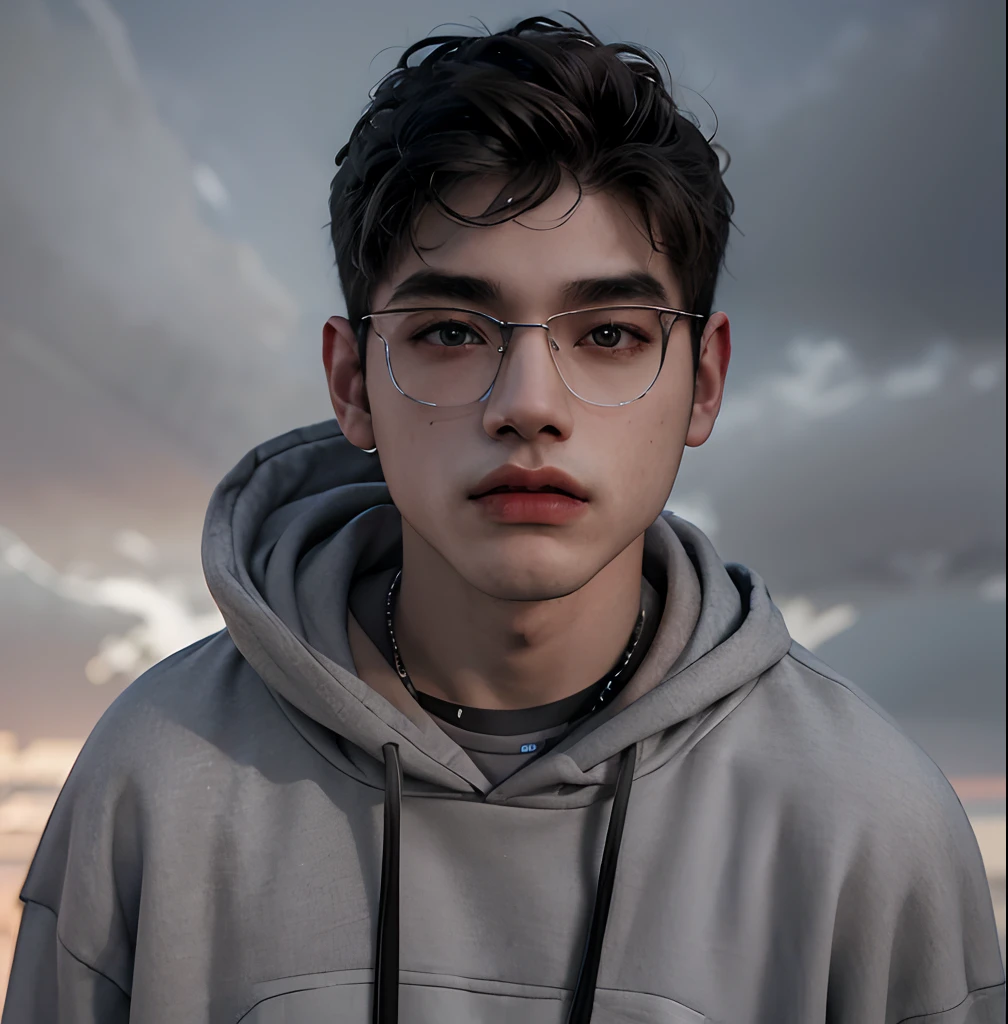 (masterpiece:1.2), (best quality:1.2), hyper realistic,highestres,absurdres,extremely detailed,volumetic,dramatic lighting,(frontal view),
20 year old boy,face,detailed eyes, gray hoodie, black t-shirt, with background ((sky))