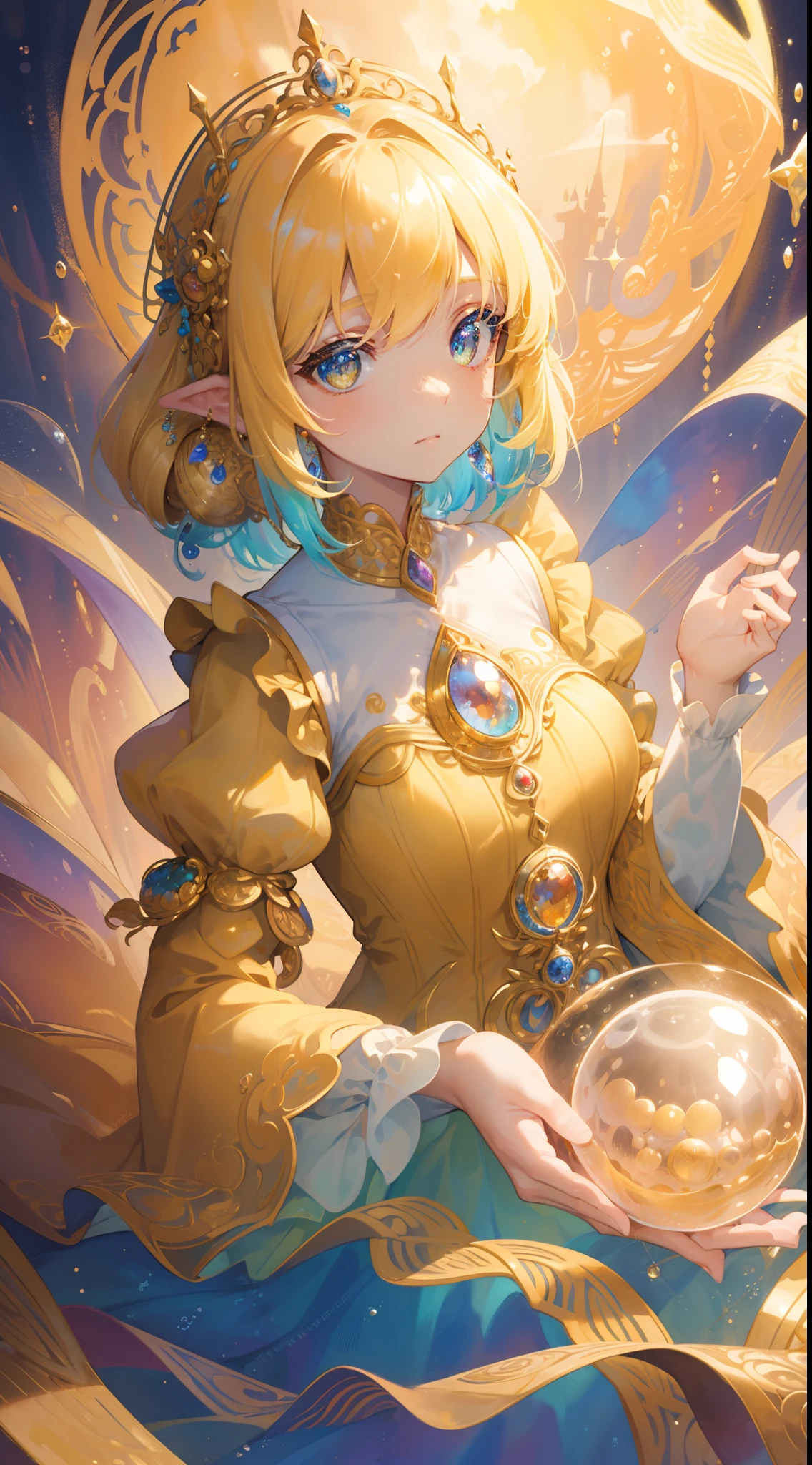 masterpiece, best quality, 8k resolution, sharp focus, intricate detail, beautiful girl, sparkling eyes, golden ratio face, otherworldly liquid, watercolor, warm colors, bright colors, whimsical, colorful, sharp focus, high resolution, fine detail, ((layered tiered puffy long sleeves ballgown)), ((round eyes)), iridescent bubbles, fantasia background