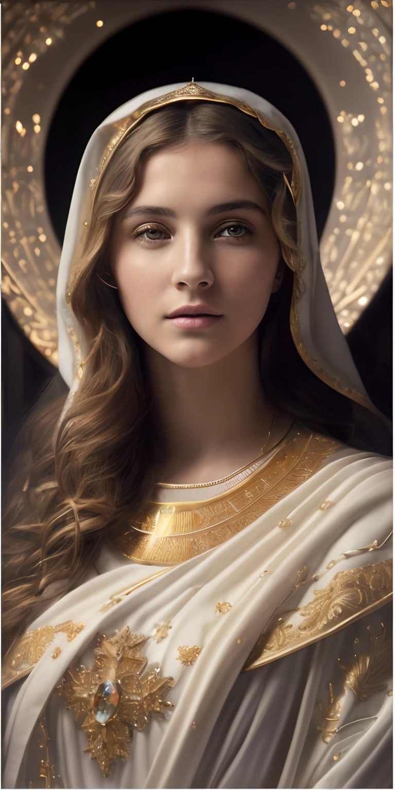 (((Blessed Virgin Mary. 19 years old))) (((IMAGEN VINTAGE RETRO))) ((( Con una cara seria y piadosa. Con una mirada dulce y tierna))) (obra maestra, calidad superior, mejor calidad, arte oficial, beautiful and aesthetic: 1.2), (1girl), extremadamente detallado, (Arte fractal: 1.3), colorido, highest detailed, Cara perfecta, parte superior del cuerpo, HDR, (orando: 1.3), (golden lines of white coat: 1.2), galaxia, (rayas de luz), eye-catching visuals, (dynamic stripes, senderos luminosos: 1.2), colores vibrantes,