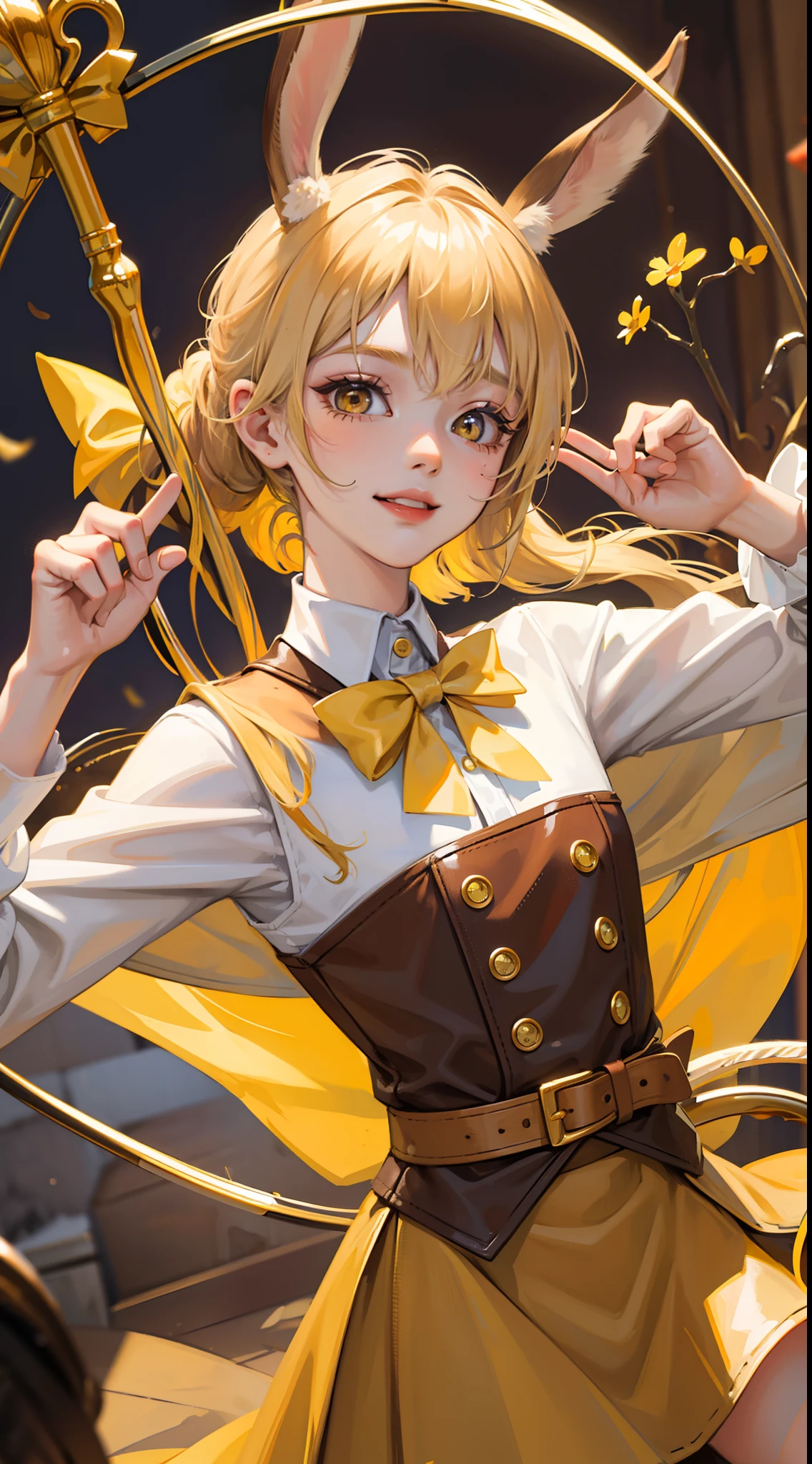 Young guy, blonde hair with brown strands, Yellow eyes, brown rabbit ears, Smile, Bow and arrow, Masterpiece, hiquality