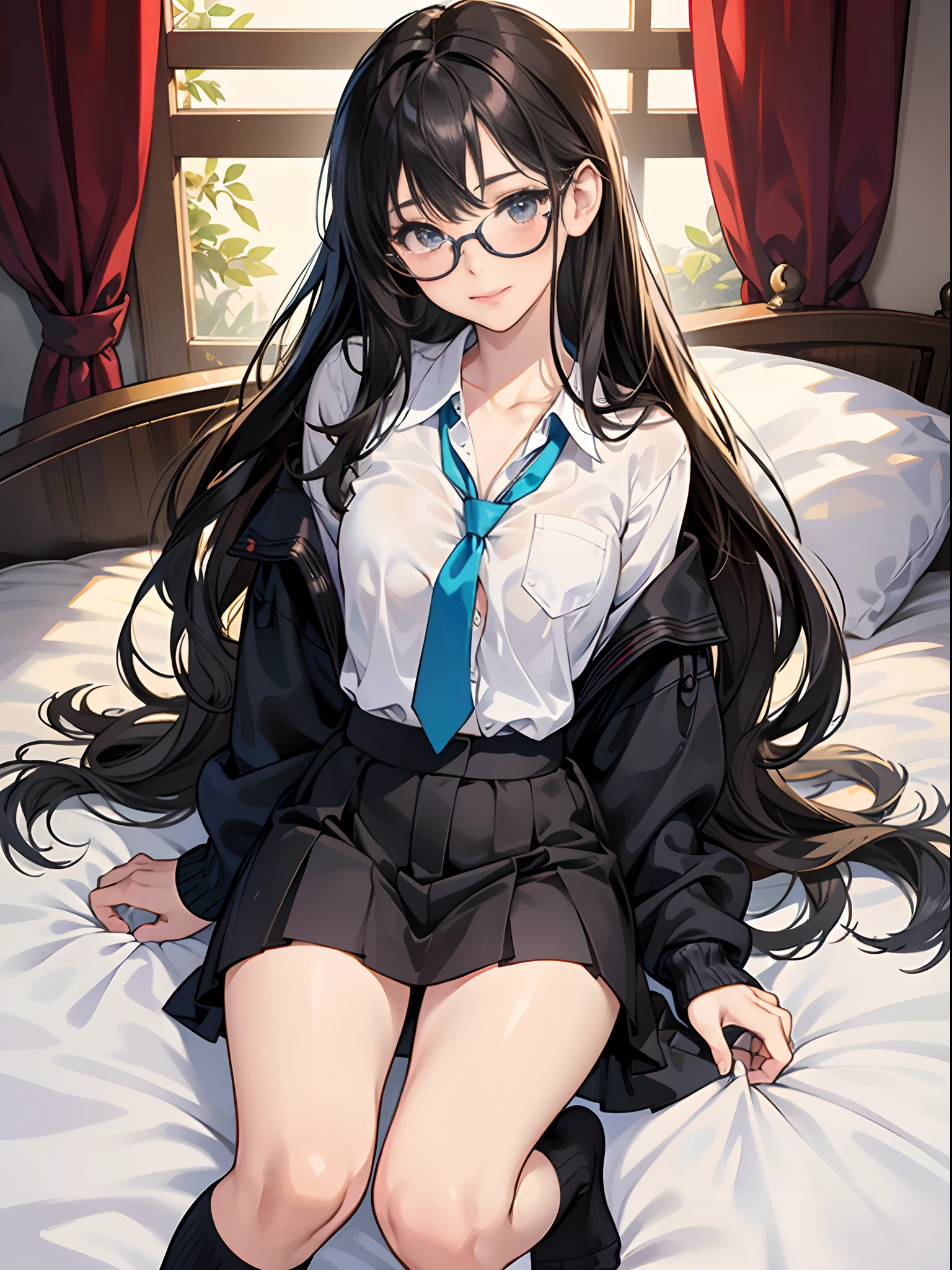 cute little、Amazing beautiful girl,female high-school student、 Anime style, 、17 age、on the bed、A dark-haired、Straight hair、Glamour、Colossal tits、de pele branca、wide-open legs、Very embarrassing、red blush。 Best Quality , Textured skin、 high details, High quality,Semi-long hair、No shoes、nudde、fullnude,pubick hair、Black short socks、Pubic area、 hair、Open the crotch,、Tsurime,Anime-style eyes,Anime-style nose,Anime-style mouth、Turn your pubic area towards me、eye glasses、Highlights in the eyes、The pubic area is open,Lots of pubic hair、Ass hole、night lights、I want you to smell my pubic area、pov from down、lightsmile、Tempting、white shirt、Blue tie、White lines on black socks、Hentai,Glasses beauty, Gray cardigan,
