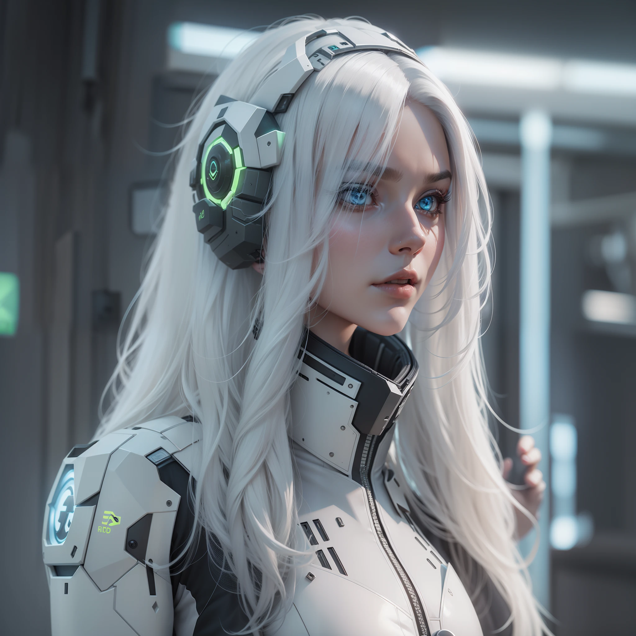 Real, Female, Futuristic, NVIDIA, Cyberpunk, Long hair, White hair, Armored, 3D