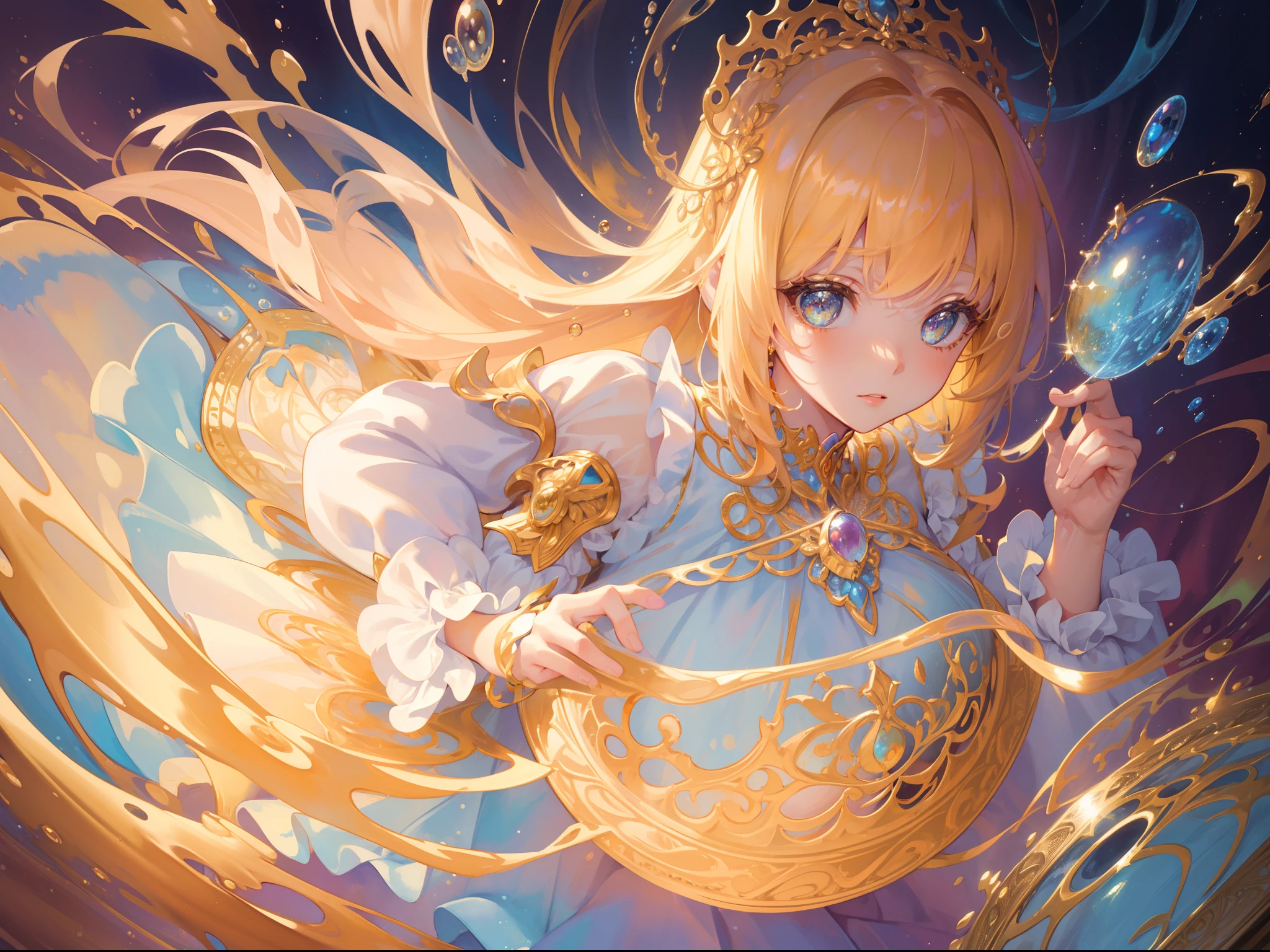 masterpiece, best quality, 8k resolution, sharp focus, intricate detail, beautiful girl, sparkling eyes, golden ratio face, otherworldly liquid, watercolor, warm colors, bright colors, whimsical, colorful, sharp focus, high resolution, fine detail, ((layered tiered puffy long sleeves ballgown)), ((round eyes)), iridescent bubbles, fantasia background