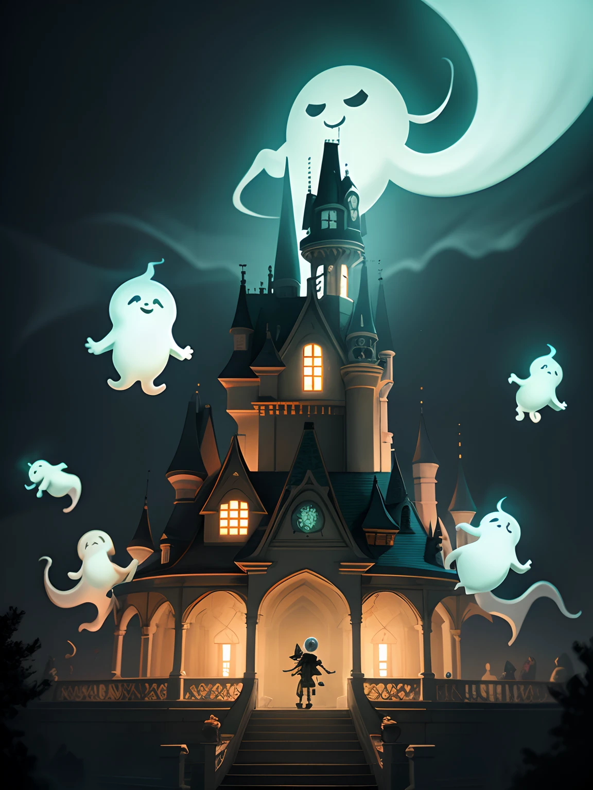 Masterpiece, Best quality, haunted theme park, haunted by chibi ghosts, Cute, Whimsical, Glow, Glowing, fun, Silly, mistic