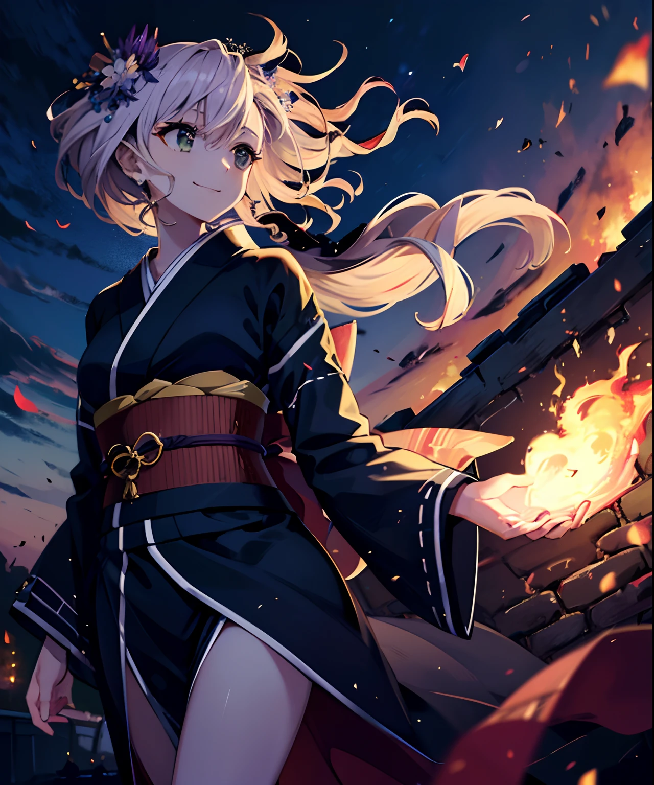 (((​masterpiece)))、(((top-quality)))、((ultra-detailliert))、1girl in、A smile、The long-haired、Light purple hair、strong breeze、In nature、Kimono、battle field、fire flame、overlord、Strong