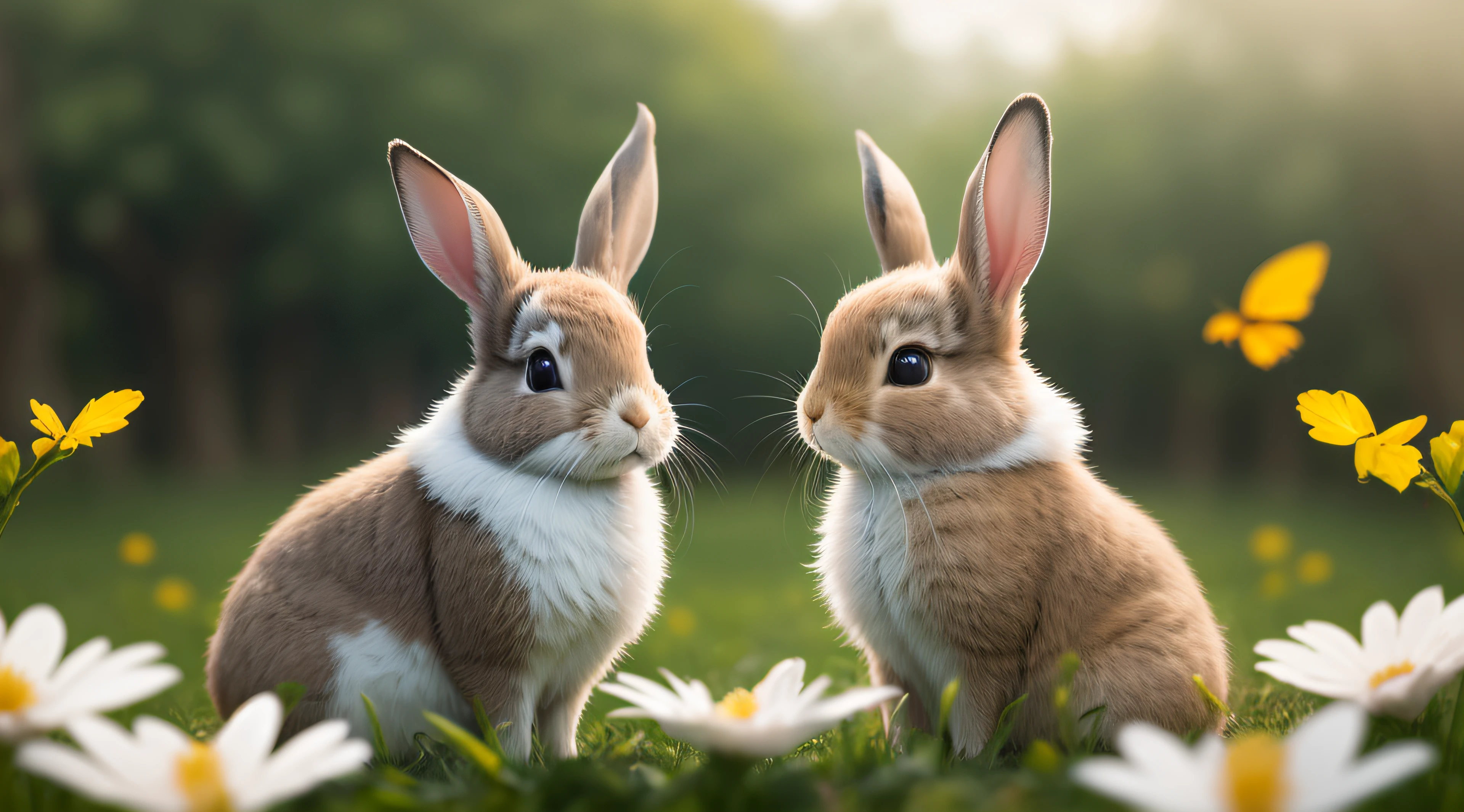 Close-up photo of rabbits in sunny park,clean backdrop,depth of fields,largeaperture,photography of,butterflys,volume fog,Halo,blooms,Dramatic atmosphere,at centre,the rule of thirds,200 mm 1.4F macro shooting