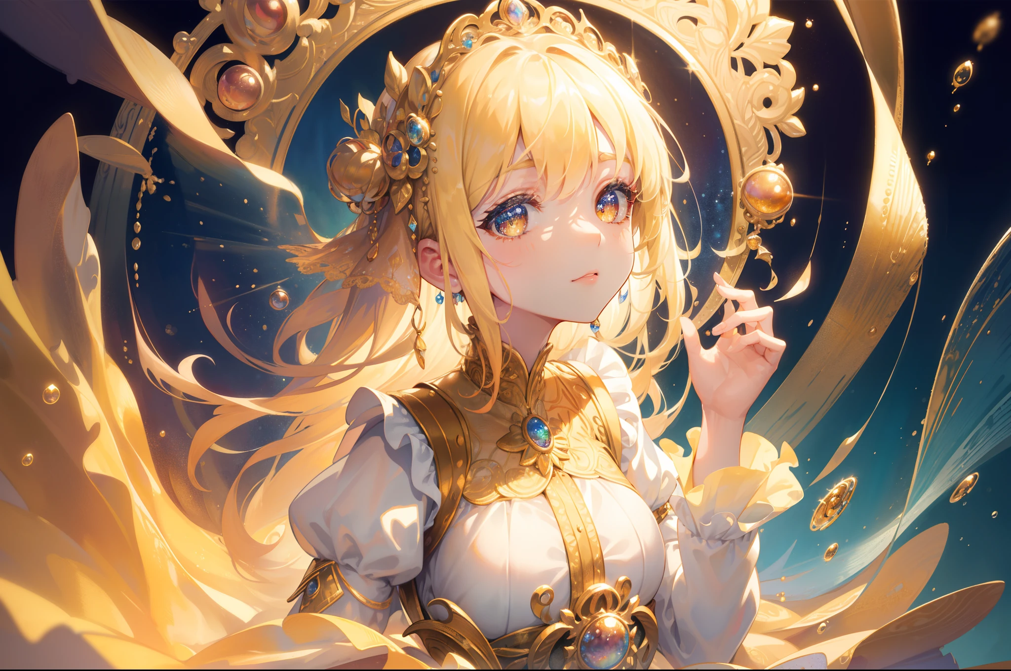 masterpiece, best quality, 8k resolution, sharp focus, intricate detail, beautiful girl, sparkling eyes, golden ratio face, otherworldly liquid, watercolor, warm colors, bright colors, whimsical, colorful, sharp focus, high resolution, fine detail, ((layered tiered puffy long sleeves ballgown)), ((round eyes)), iridescent bubbles, fantasia background