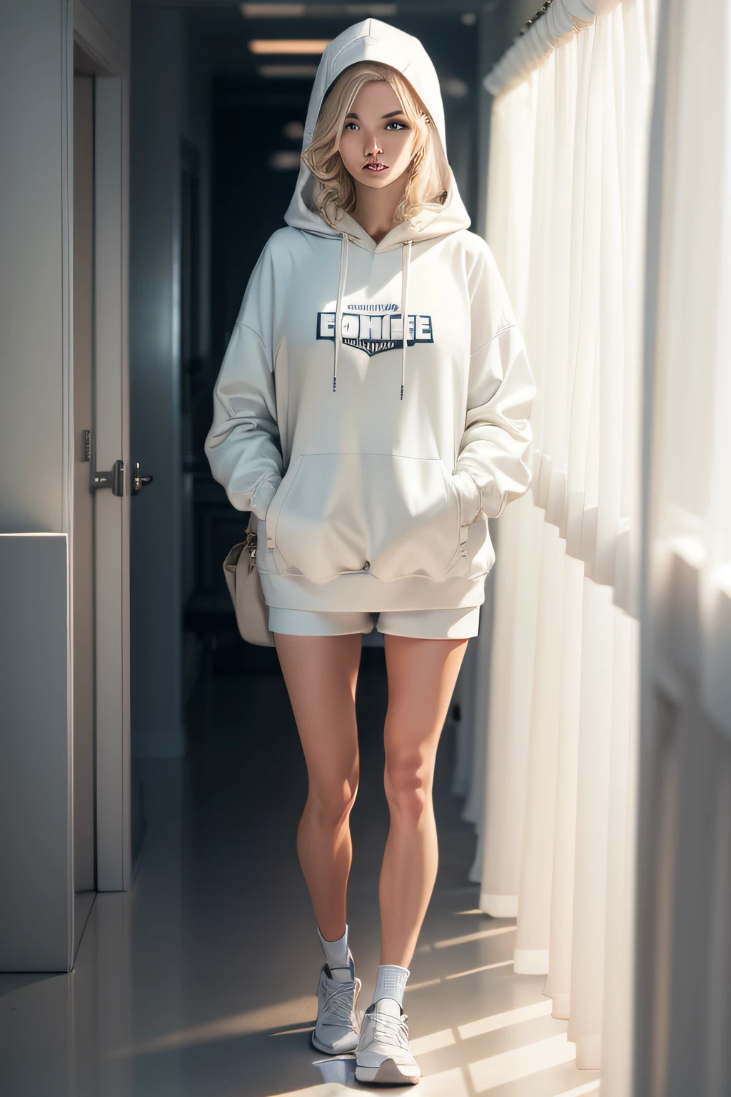 Generate a model，caucasian female，Hair is blonde or brown，Wear a hooded sweatshirt，sweat shorts，White sneakers，Cup of coffee in hand，The background is a white curtain