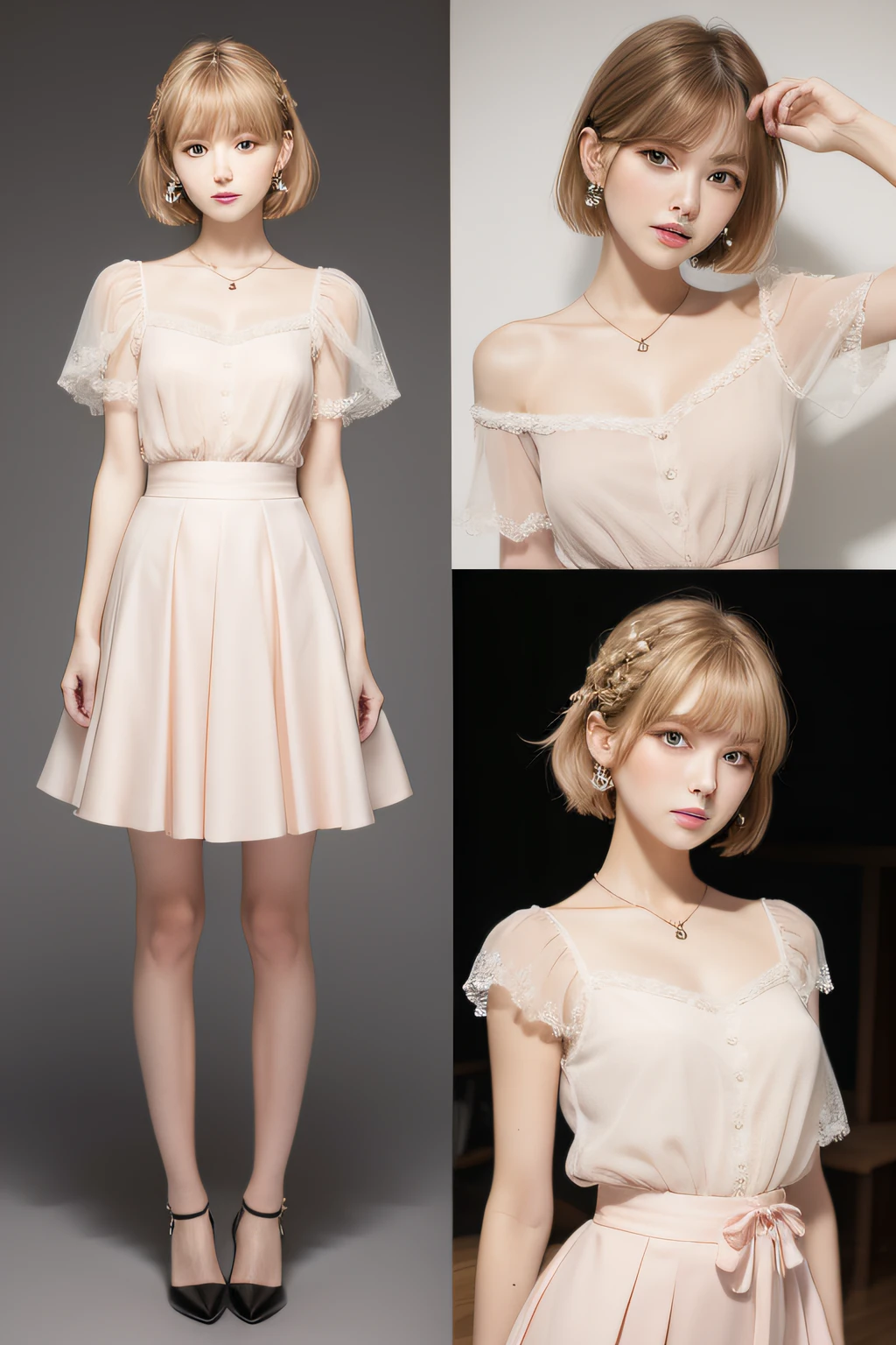 Styles worn by sweet women in spring and summer in business scenes。Face hair design is softwave with see-through bangs。Hairstyle silhouette is sweet wave with short bob。Hair color is peach blonde and sweet impression。Hair styling is half-up with ribbon accents。Top is a light color with a lace blouse。The bottoms are made of light material with an A-line skirt。Shoes are flat shoes with elegant design。Made from silk and chiffon。Accessories include pearl earrings and cute bracelets。