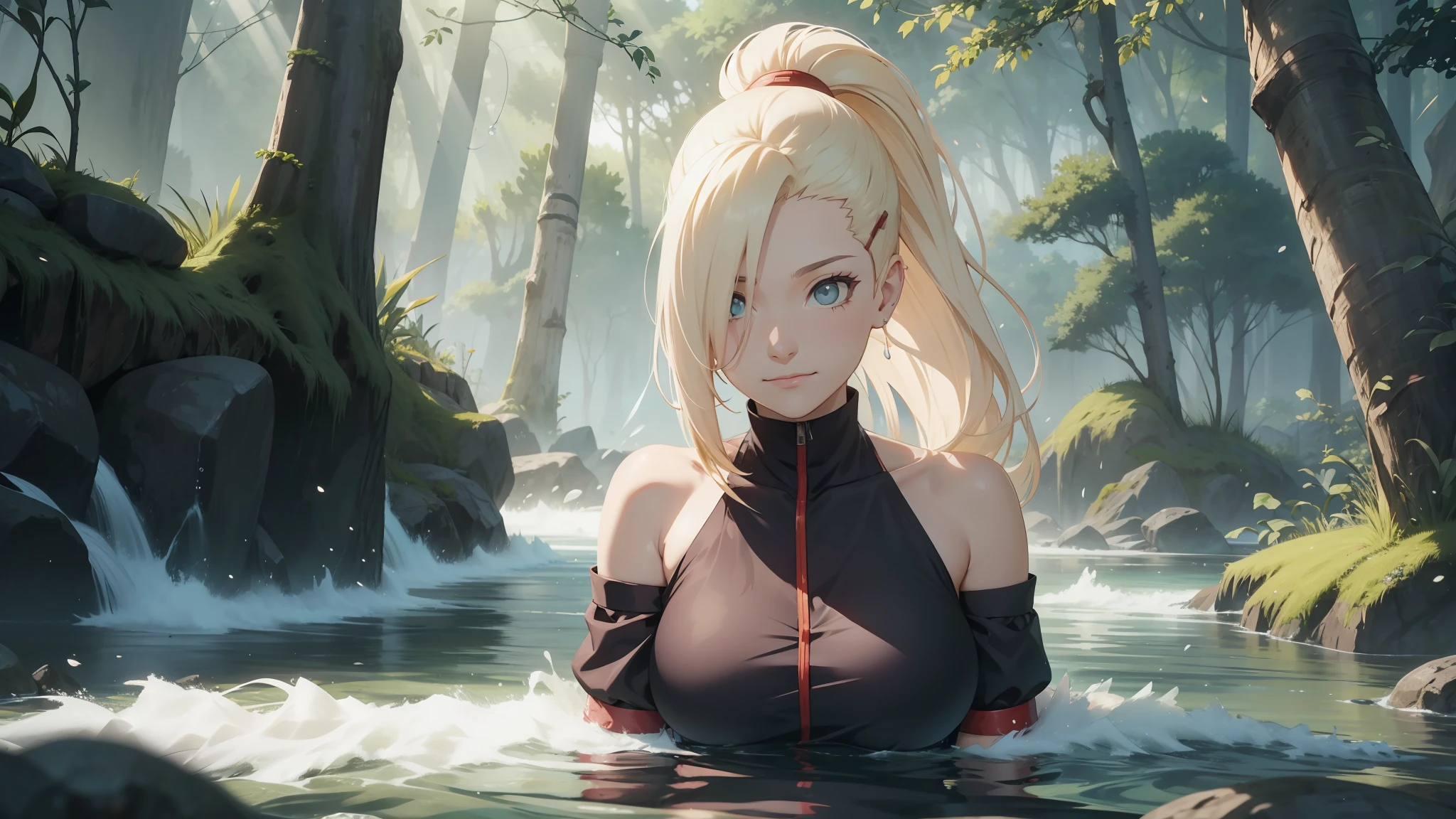 "the Extremely Detailed CG Unity 8K Wallpapers，tmasterpiece，Best picture quality，【😊Colored Forest，depth of fields，Lots of splashing droplets:1.2，petals，Toys surround，ventania，Foliage，grassy fields，volumettic light】blond hairbl，Be red in the face，ssmile，Half of your body is in water，naruto，Ino，Off-the-shoulder attire，bangs cover one eye