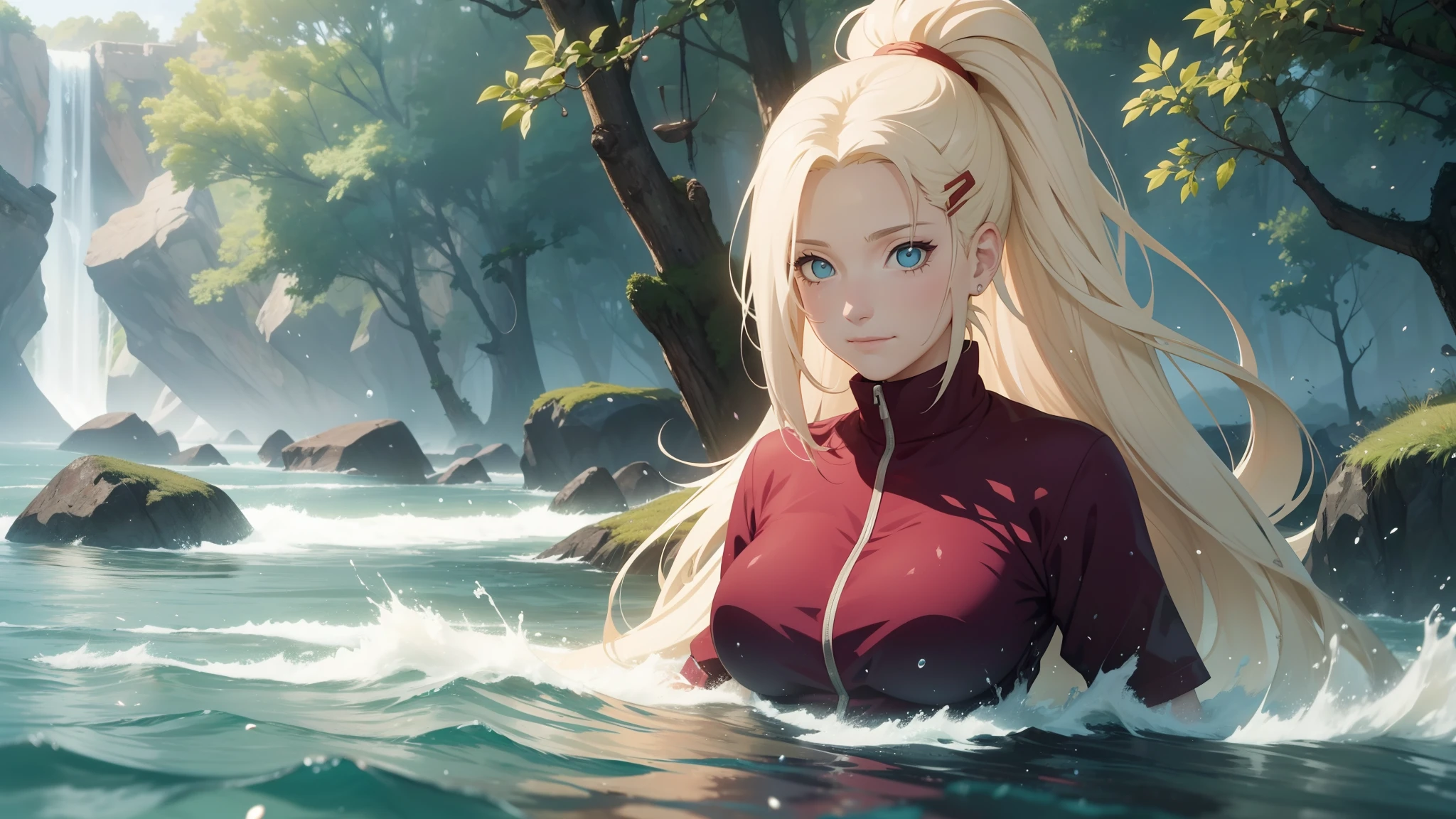 "the Extremely Detailed CG Unity 8K Wallpapers,tmasterpiece,Best picture quality,【😊Colored Forest,depth of fields,Lots of splashing droplets:1.2,petals,Toys surround,ventania,Foliage,grassy fields,volumettic light】blond hairbl,Be red in the face,ssmile,Half of your body is in water,naruto,Ino