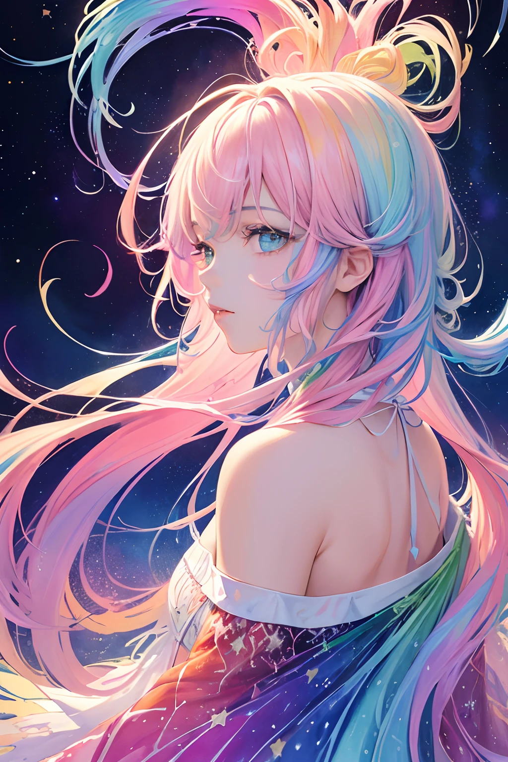 A girl with long pink hair and blue eyes is staring at the stars ...