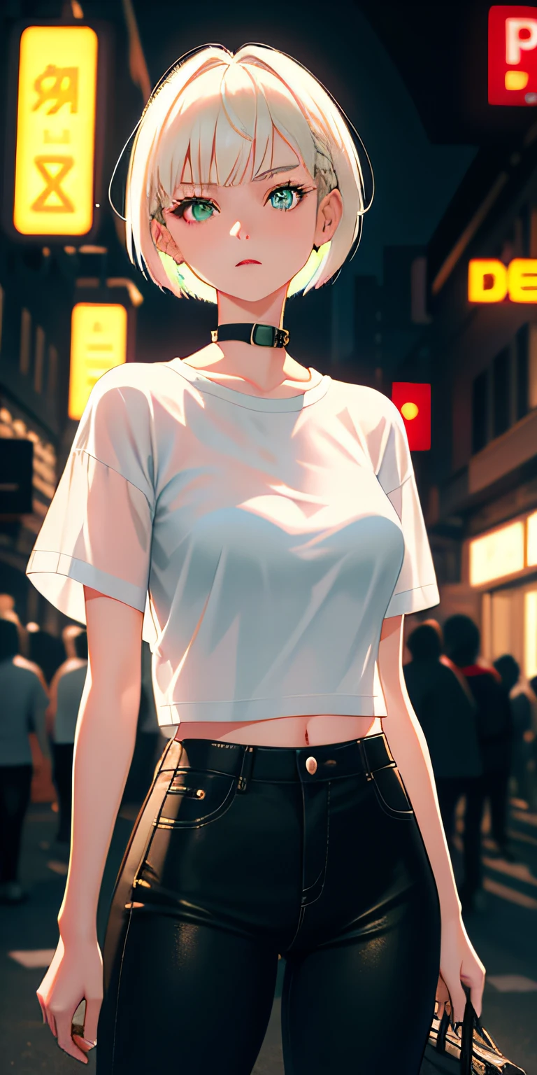 masterpiece, best quality, nsfw, 1girl, platinum blonde hair, short hair, green eyes, braids, small perky breasts, on the street, night, neon light, white t-shirt, braless, black pants, poker face, front view, standing, in crowd,