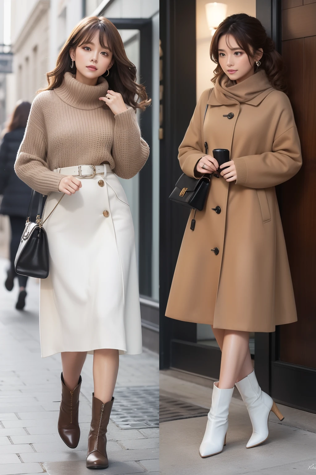 Styles worn by sweet women in autumn and winter in business scenes。The hair design of the face is a curtain bang with sweet curls。The silhouette of the hairstyle is medium wavy and fluffy curls。Hair color is caramel brown for a warm impression。Hair Styling Romantic Elegance with Blade Pony。Tops are warm shades with knitted tops。Bottoms are made of warm material with wool skirts。Shoes are elegant design with boots。Made from cashmere and wool。Accessories silver bracelet and elegant ring。