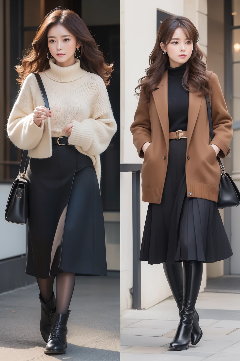 Styles worn by sweet women in autumn and winter in business scenes。The hair design of the face is a curtain bang with sweet curls。The silhouette of the hairstyle is medium wavy and fluffy curls。Hair color is caramel brown for a warm impression。Hair Styling Romantic Elegance with Blade Pony。Tops are warm shades with knitted tops。Bottoms are made of warm material with wool skirts。Shoes are elegant design with boots。Made from cashmere and wool。Accessories silver bracelet and elegant ring。