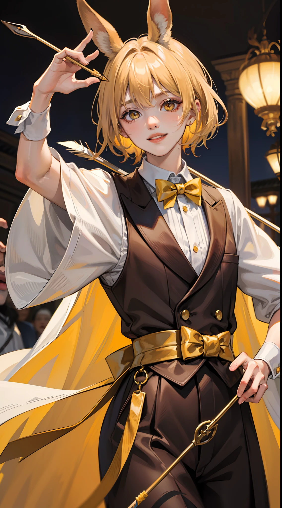 Young guy, blonde hair with brown strands, Yellow eyes, brown rabbit ears, Smile, Bow and arrow, Masterpiece, hiquality