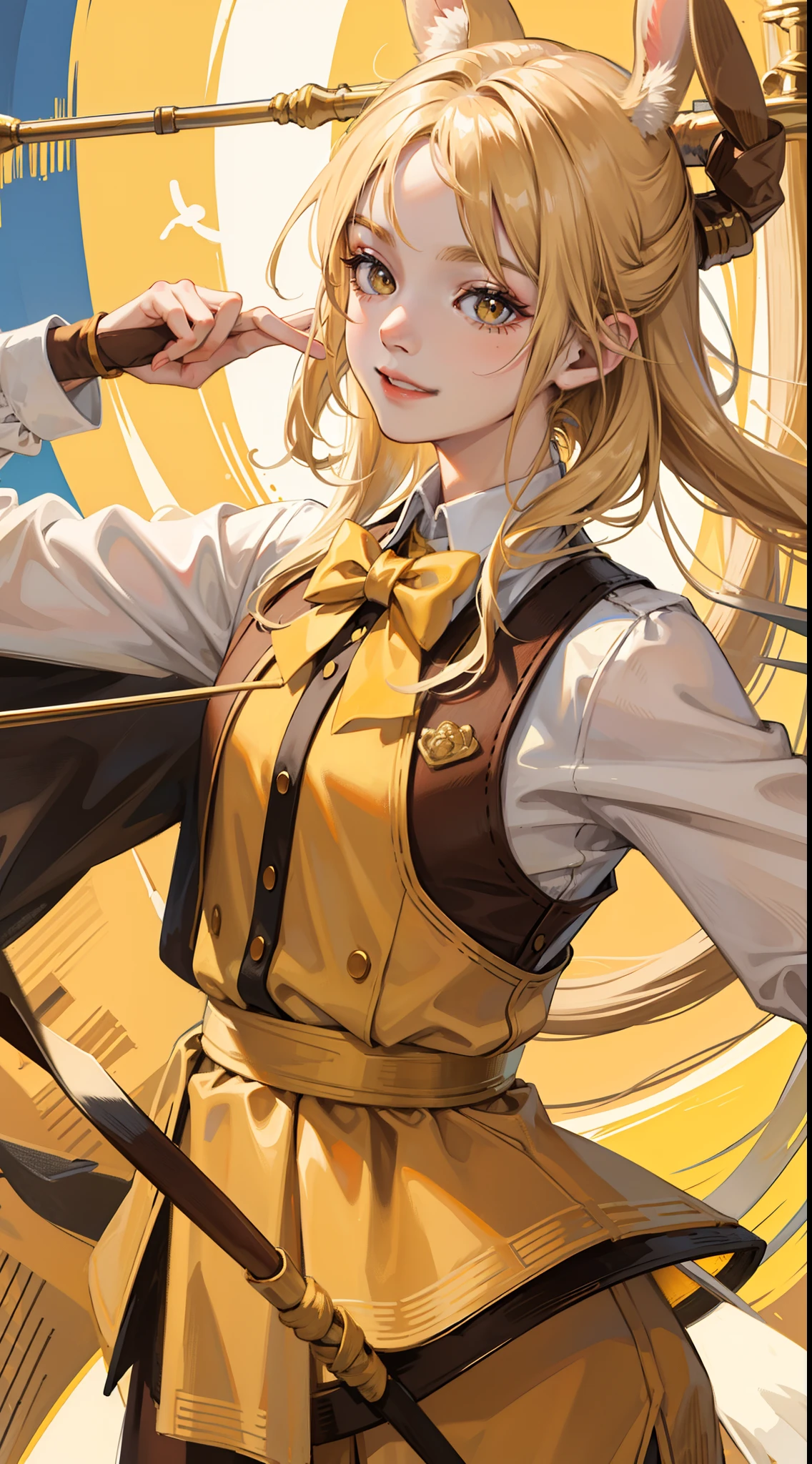 Young guy, blonde hair with brown strands, Yellow eyes, brown rabbit ears, Smile, Bow and arrow, Masterpiece, hiquality