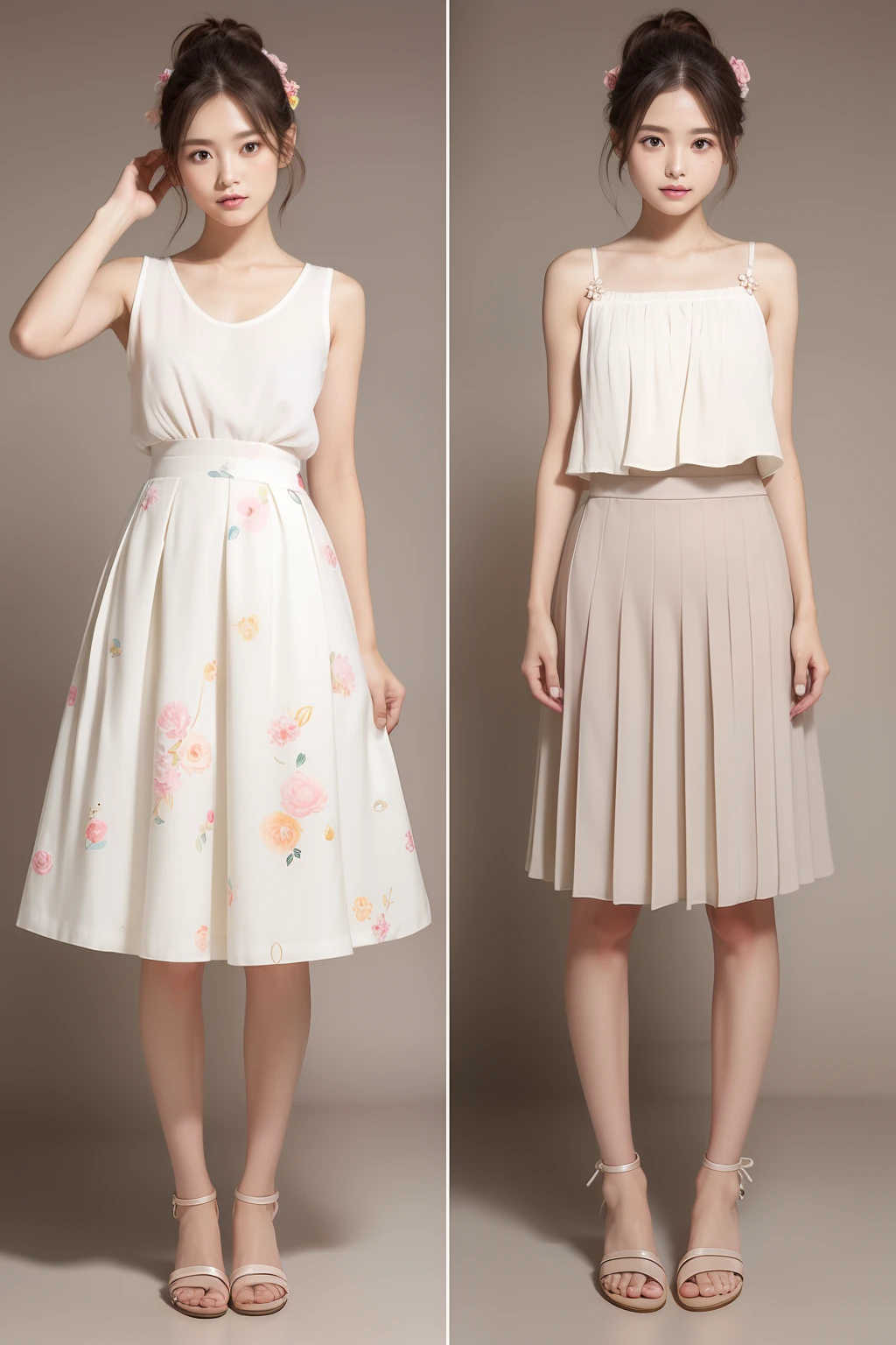 Styles worn by sweet women in spring and summer in casual scenes。Face hair design is full bang and sweet wave。The silhouette of the hairstyle is cute design with short curls。Hair color is rose gold for a sweet impression。Hair styling is ribbon accented with a ponytail。Tops are light colors with camisoles。The bottoms are made of light material with a pleated skirt。Shoes are sandals and cute design。Made from cotton and linen。Accessories are flower brooches and cute bangles。