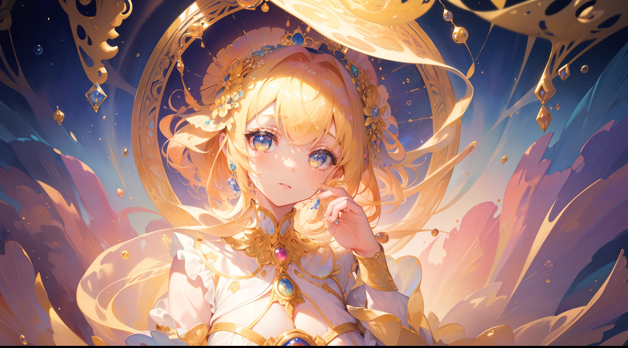 masterpiece, best quality, 8k resolution, sharp focus, intricate detail, beautiful girl, sparkling eyes, golden ratio face, otherworldly liquid, watercolor, warm colors, bright colors, whimsical, colorful, sharp focus, high resolution, fine detail, ((layered tiered puffy long sleeves ballgown)), ((round eyes)), iridescent bubbles, fantasia background