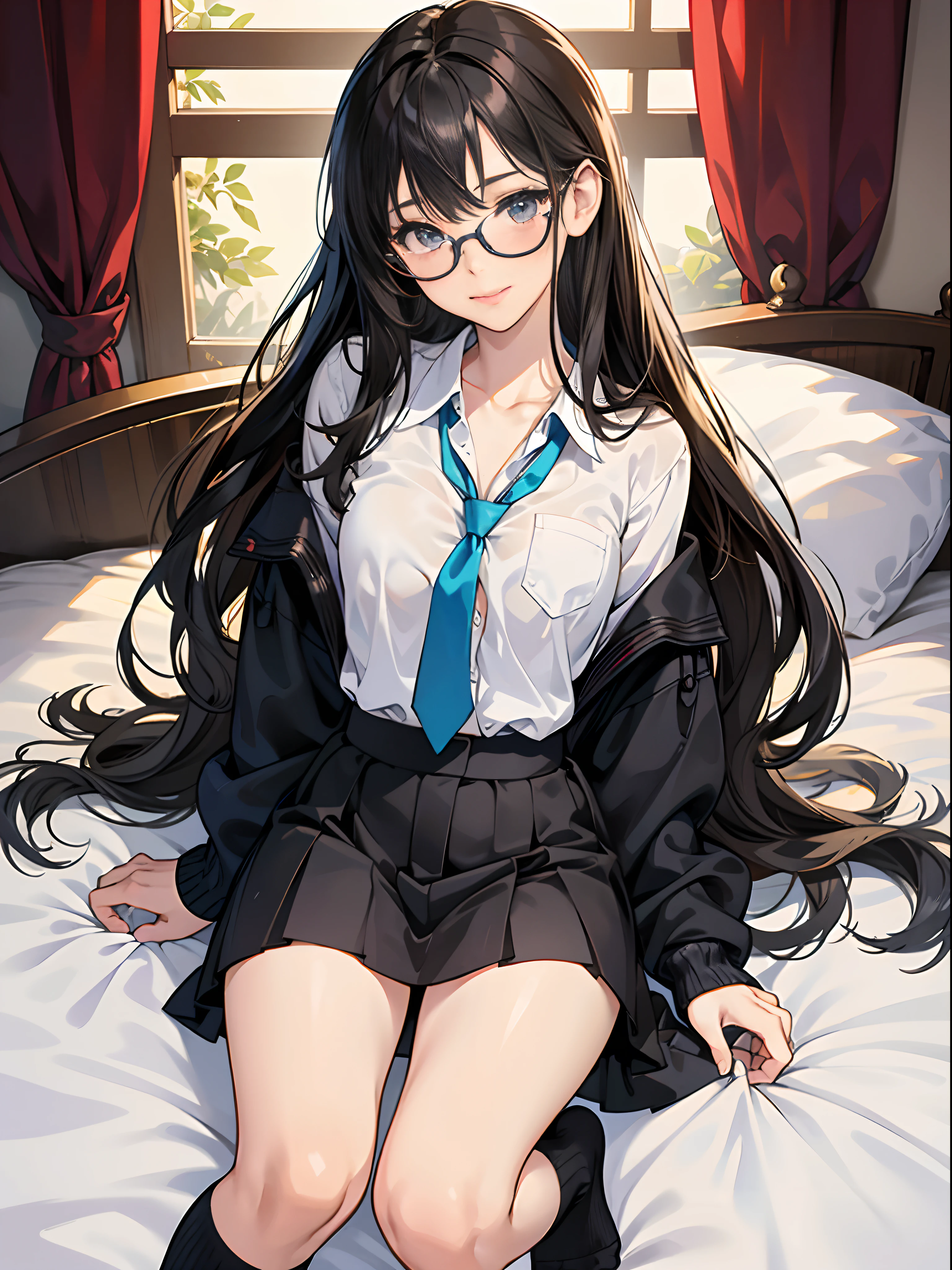 cute little、Amazing beautiful girl,female high-school student、 Anime style, 、17 age、on the bed、A dark-haired、Straight hair、Glamour、Colossal tits、de pele branca、wide-open legs、Very embarrassing、red blush。 Best Quality , Textured skin、 high details, High quality,Semi-long hair、No shoes,I can see the belly button、nudde、fullnude,pubick hair、Black short socks、Pubic area、 hair、Open the crotch,、Tsurime,Anime-style eyes,Anime-style nose,Anime-style mouth、Turn your pubic area towards me、eye glasses、Highlights in the eyes、The pubic area is open,Lots of pubic hair、Ass hole、night lights、I want you to smell my pubic area、pov from down、lightsmile、Tempting、white  shirt、Blue tie、White lines on black socks、Hentai,Glasses beauty