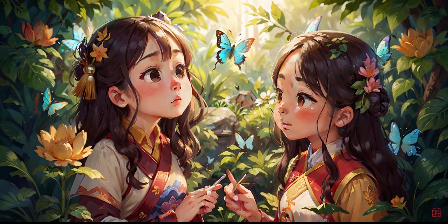 （best qualtiy，tmasterpiece，Hyper-realistic），2 beautiful Chinese girls from ancient times，The expression is soft and peaceful，The background view is the garden，Flowers and butterflies fly around。