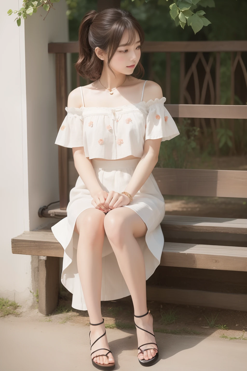 Photo Real、photoRealstic、top-quality Beige hair、short-haired、Lots of bangs、Hair bouncing outward、bouncing hair、Messy bouncing hair、beret The contours of the face are round、small mouth、a small face、drooing eyes、big eye、a baby face、Beautiful skin Fashionable clothes in white、White long skirt、long skirt、Skirt to the feet 独奏、18year old、young body、skinny body、Beautiful skins Laughing、Laughing expression、Facial expressions to enjoy、Sit elegantly in a chair Background with、in woods、Sunlight shines in、Shade、beautiful forest、Wooden chair、vases