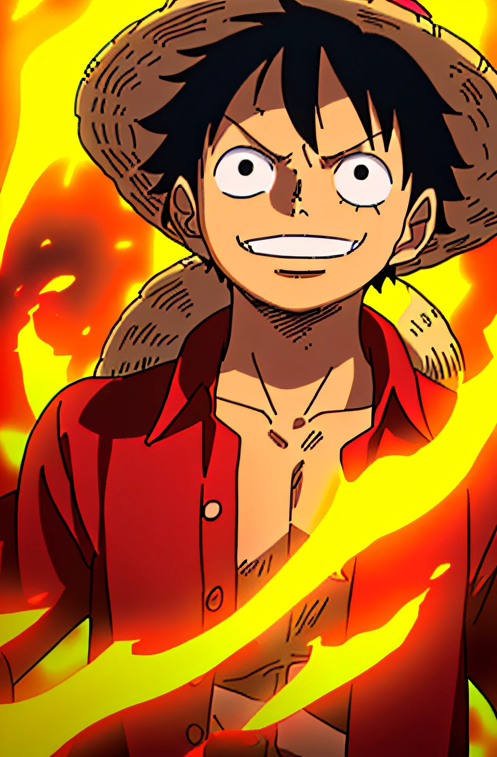 1boy, wanostyle, monkey d luffy, smiling, straw hat, looking at viewer, solo, upper body, ((masterpiece)), (best quality), (extremely detailed), depth of field, sketch, dark intense shadows, sharp focus, soft lighting, hdr, colorful, good composition, fire all around, spectacular, closed shirt, anime screencap, scar under eye, ready to fight, black eyes