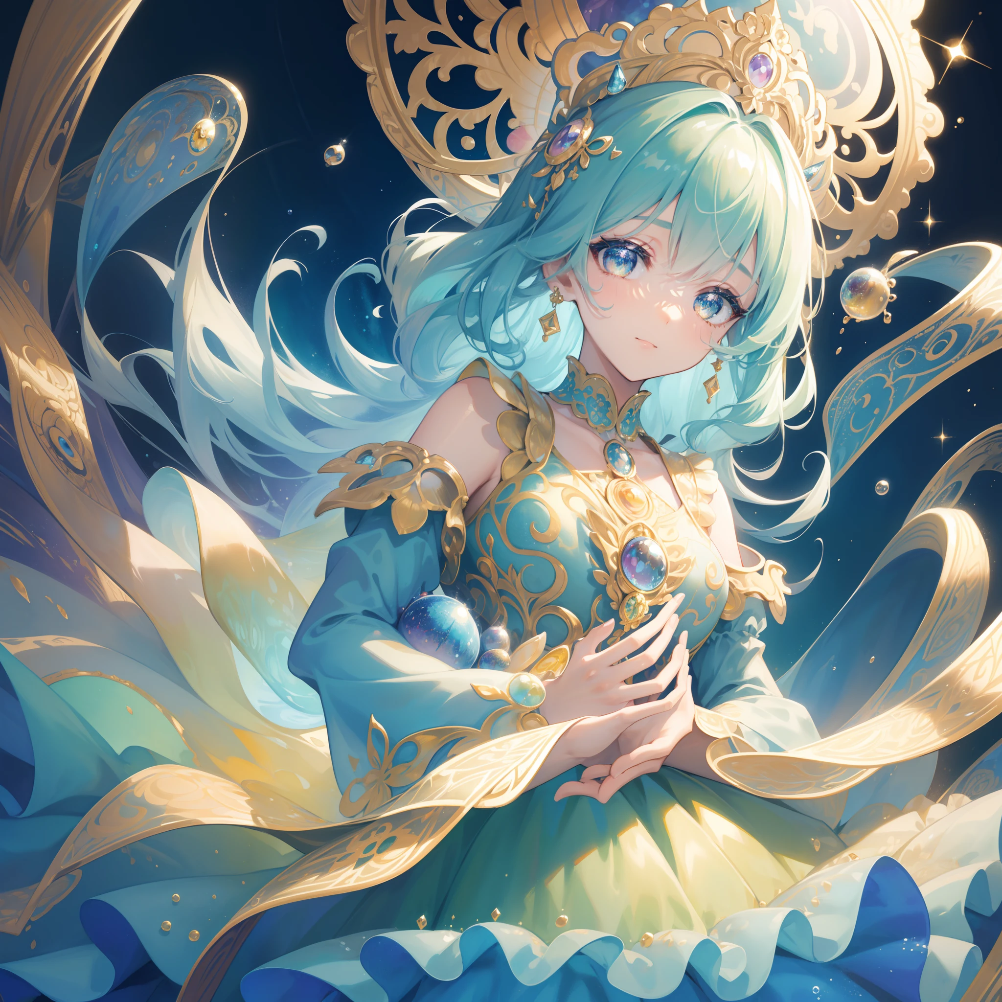 masterpiece, best quality, 8k resolution, sharp focus, intricate detail, beautiful girl, sparkling eyes, golden ratio face, otherworldly liquid, watercolor, cool colors, bright colors, whimsical, colorful, sharp focus, high resolution, fine detail, ((layered tiered puffy long sleeves ballgown)), ((round eyes)), iridescent bubbles, fantasia background