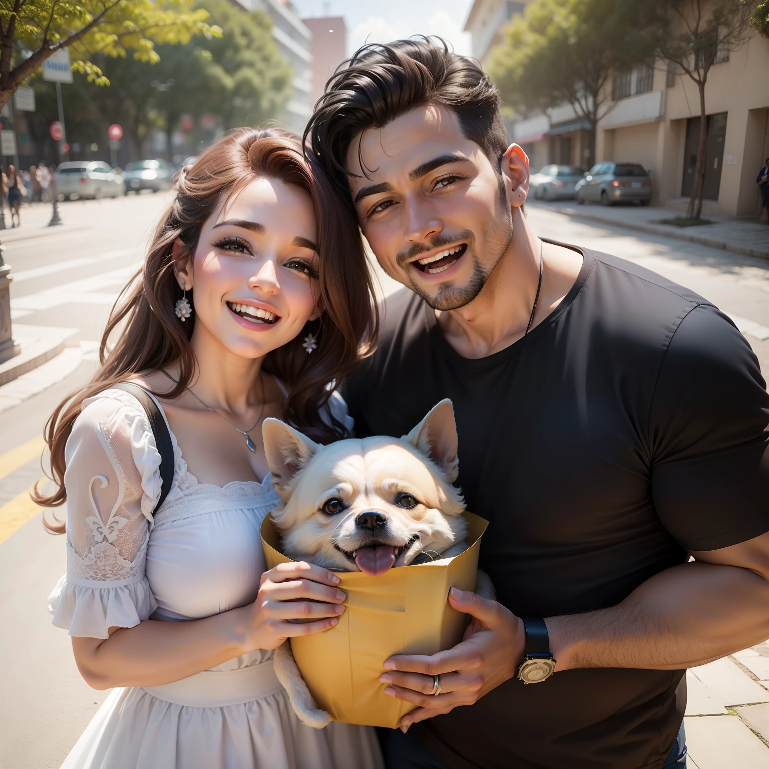 Casal feliz pousando para uma foto, imagem realista, qualidade 8k