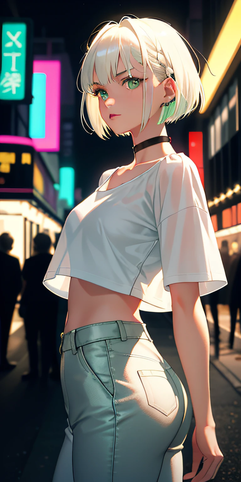 masterpiece, best quality, nsfw, 1girl, platinum blonde hair, short hair, green eyes, braids, small perky breasts, on the street, night, neon light, white t-shirt, braless, black pants, poker face, front view, standing, in crowd,