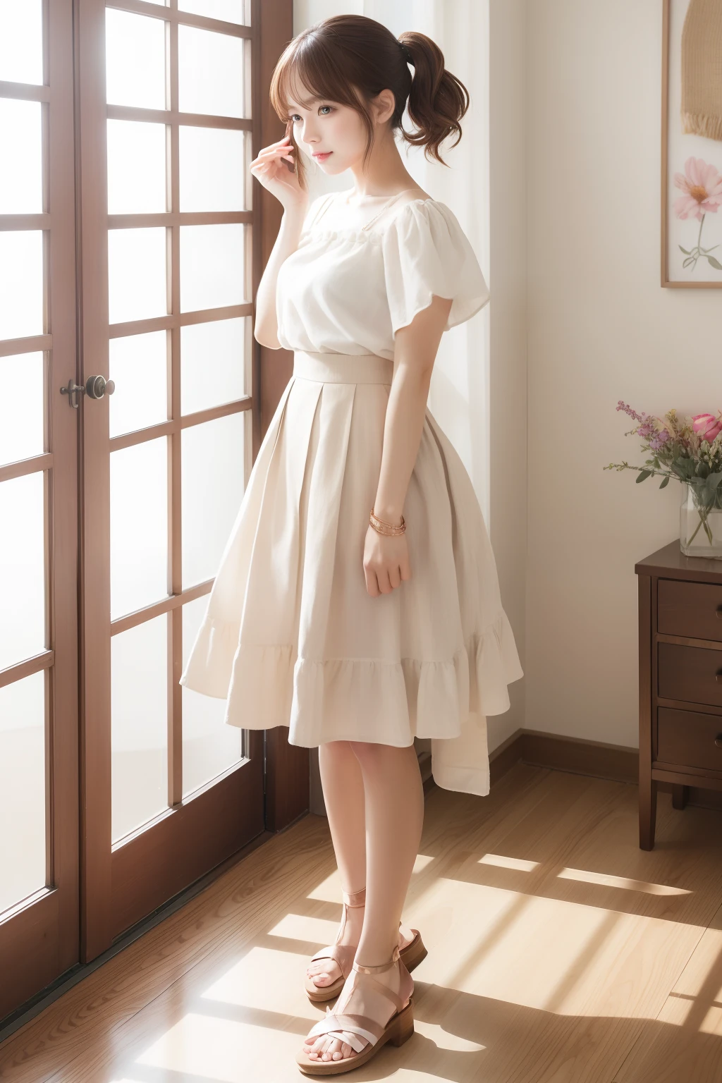 Styles worn by sweet women in spring and summer in casual scenes。Face hair design is full bang and sweet wave。The silhouette of the hairstyle is cute design with short curls。Hair color is rose gold for a sweet impression。Hair styling is ribbon accented with a ponytail。Tops are light colors with camisoles。The bottoms are made of light material with a pleated skirt。Shoes are sandals and cute design。Made from cotton and linen。Accessories are flower brooches and cute bangles。