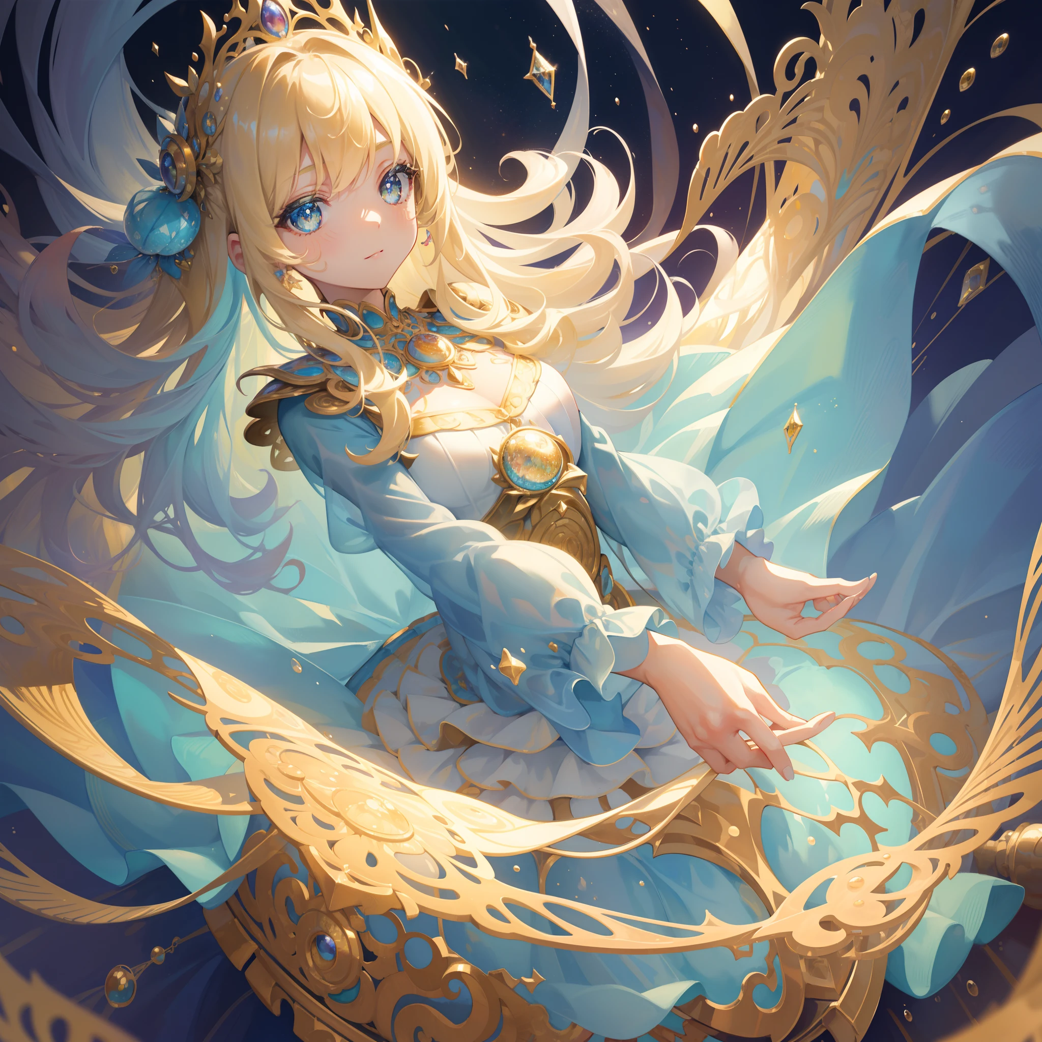 masterpiece, best quality, 8k resolution, sharp focus, intricate detail, beautiful girl, sparkling eyes, golden ratio face, otherworldly liquid, watercolor, cool colors, bright colors, whimsical, colorful, sharp focus, high resolution, fine detail, ((layered tiered puffy long sleeves ballgown)), ((round eyes)), iridescent bubbles, fantasia background