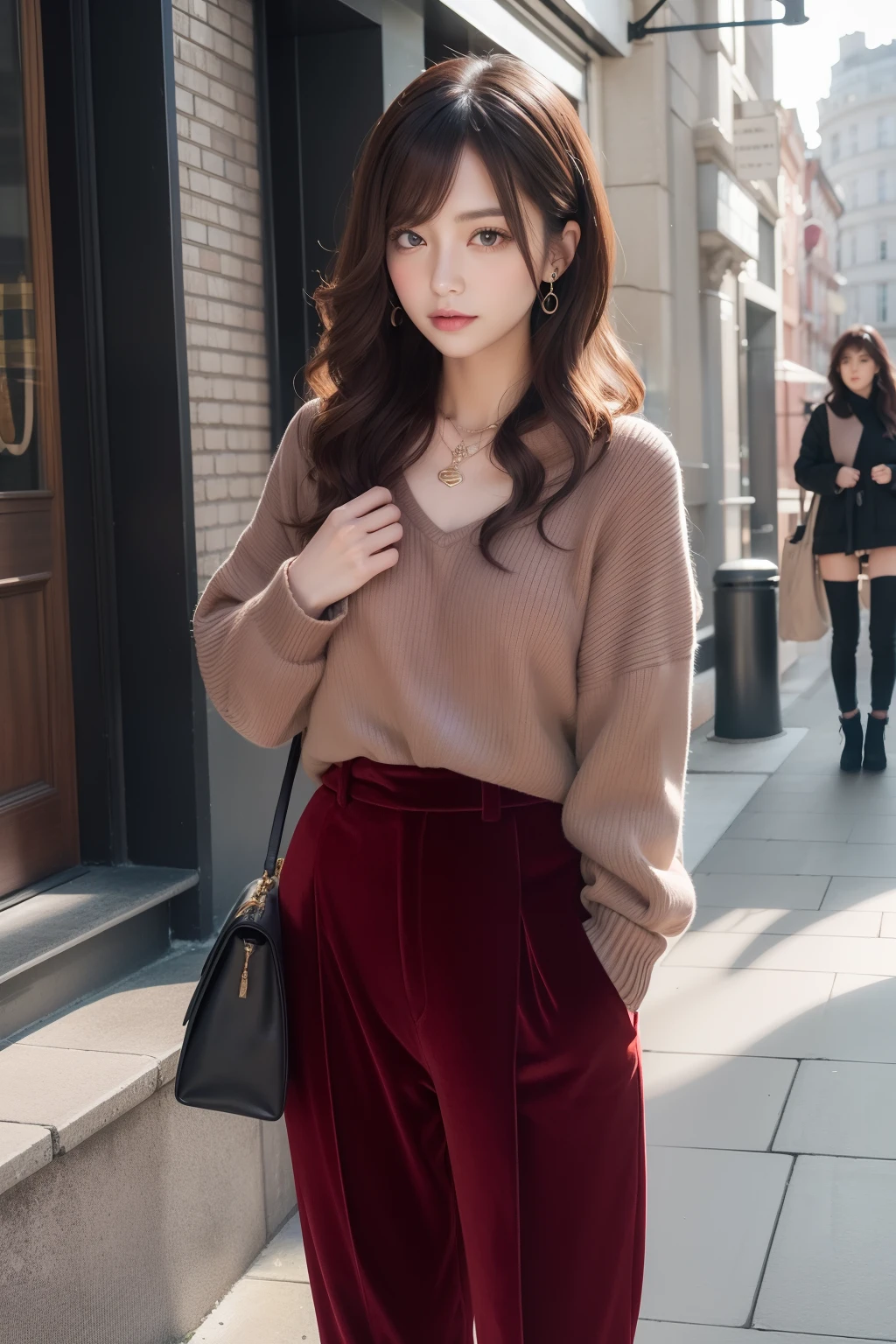 Styles worn by sweet women in autumn and winter in casual scenes。Facial hair design romantic curls with side bangs。Hairstyle silhouette is long wave and luxurious style。Hair color is burgundy and deep。Hair Styling Sweet Elegance by Blade Bang。Tops warm shades with sweaters。Bottoms are made of warm material with corduroy pants。Shoes are elegant design with ankle boots。Made from wool and velvet。Accessories include silver necklaces and