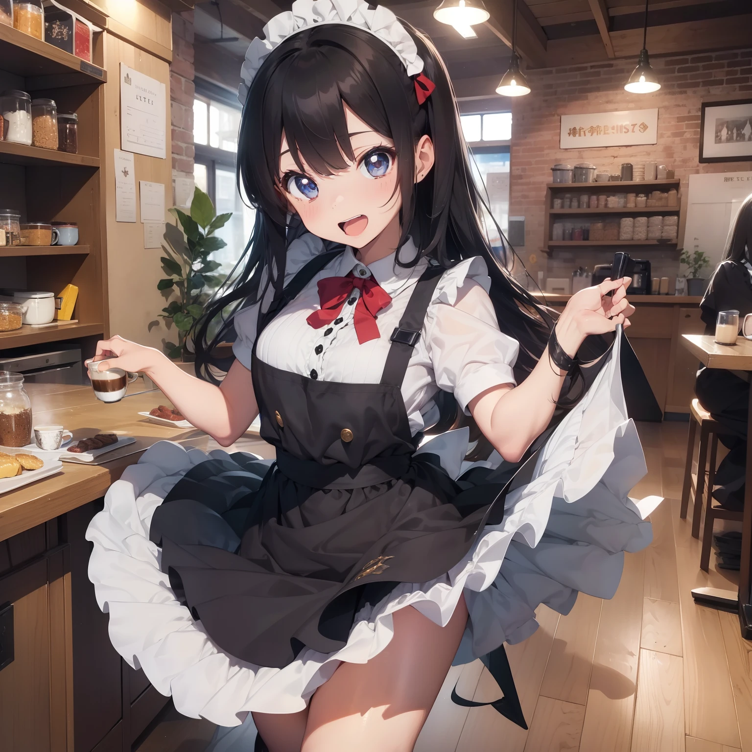 (superfine illustration:1.2),(masutepiece, 8K), (Best Quality, High quality:1.4), portlate、((Super Pastel)),Perfect Anatomy, Hyper Detailed, ultra-detailliert,masterpiece background,beautiful detailed background, V8K Wallpapers,perfect design, 1girl in, Solo, ,(Twin-tailed:1.3),(Very short sleeves,Black hair,maid, Maid Mini Skirt、Outstanding smile、frombelow,), (lightsmile, Open mouth, , A dark-haired, (Super long hair,Twin-tailed:1.3), Blue eyes, Blue eyes, Black blouse, Short sleeves, maid apronl, white maid apron, Maid Mini Skirt、 long boots, Slender girl), (Inside a coffee shop in a fantasy world of medieval Europe)、(dynamic motion)、