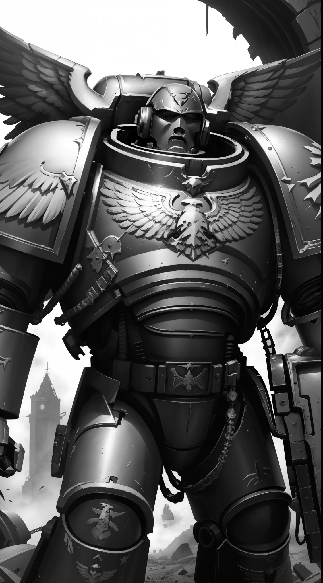 A marine space, dressed in his huge power armor with an eagle symbol on his breastplate, grande armadura grossa, in a destroyed Gothic city, High detail, Estilo de arte realista, por wh40k, black and white sketch style,