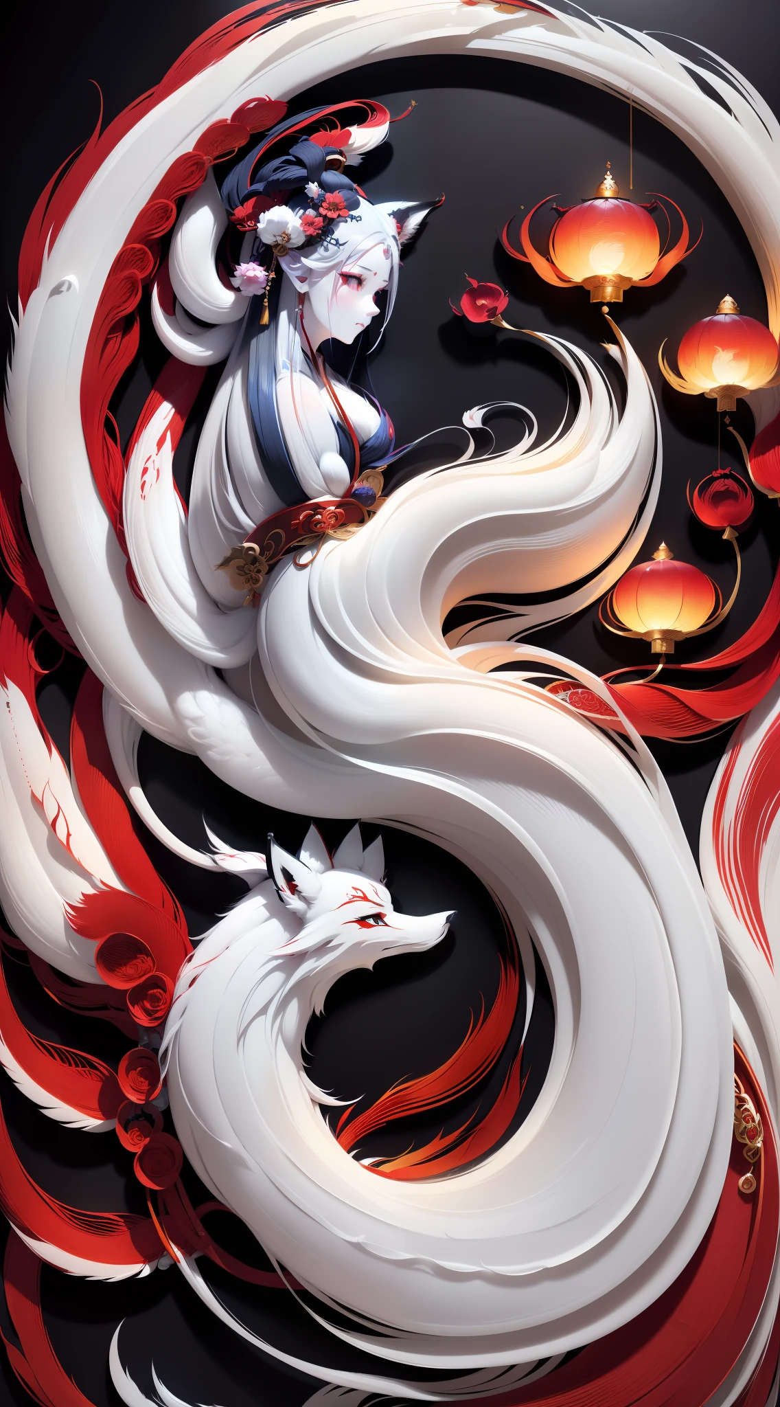 Daji,fox demon,((Beautiful)),long whitr hair, Floating hair,( Detailed hand close-up),((Detailed close-up of the face)),hair adornments, (Hanfu), ((Clothes made of feathers)), (Detailed light),(Extremely colorful),Movie special effects